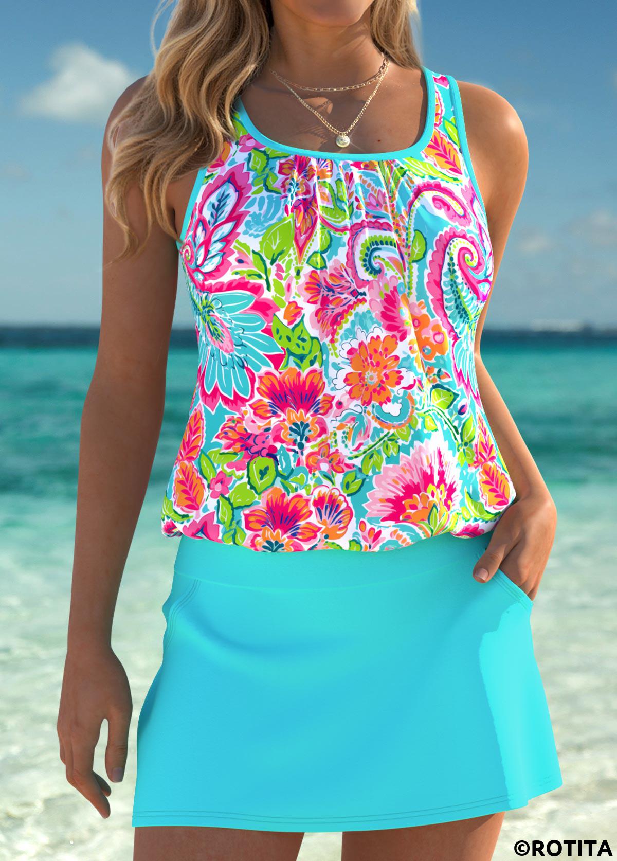 Cyan swimwear,Tribal swimwear,ROTITA Tummy Coverage Cyan Tribal Print Mid Waisted Tankini Set