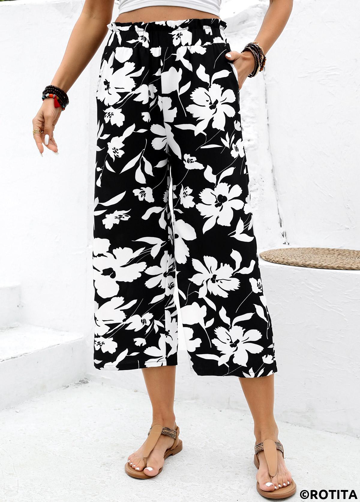 Black bottoms,Floral bottoms,Plants bottoms,Soft Floral Print Black Wide Leg Elastic Waist Pants