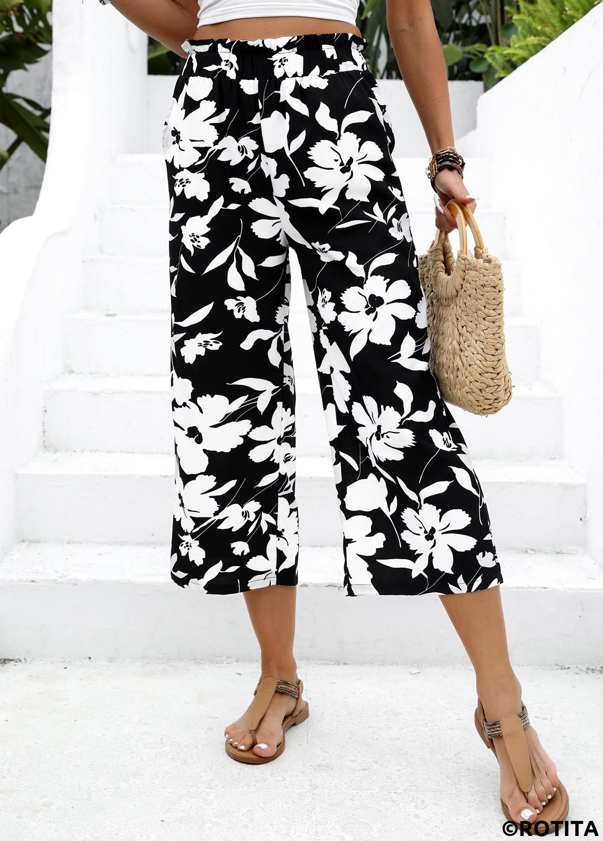 Black bottoms,Floral bottoms,Plants bottoms,Soft Floral Print Black Wide Leg Elastic Waist Pants