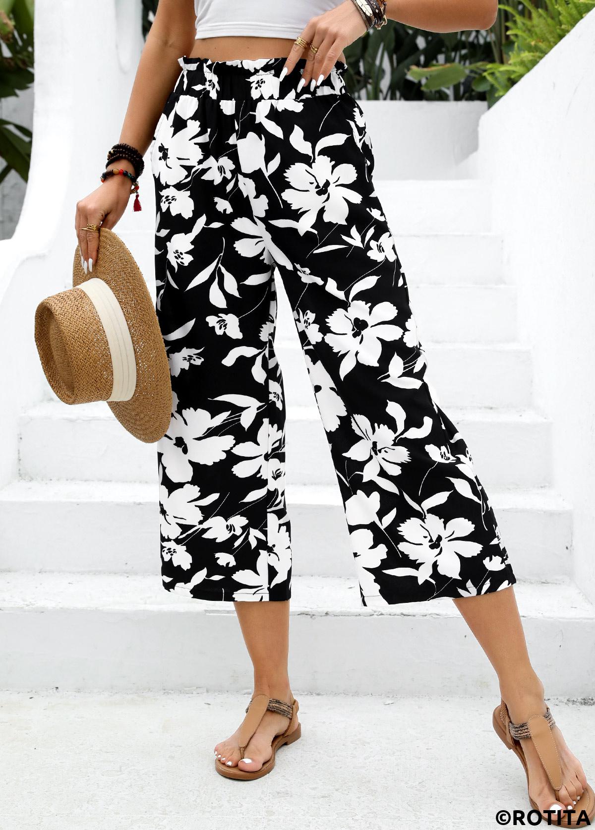 Black bottoms,Floral bottoms,Plants bottoms,Soft Floral Print Black Wide Leg Elastic Waist Pants