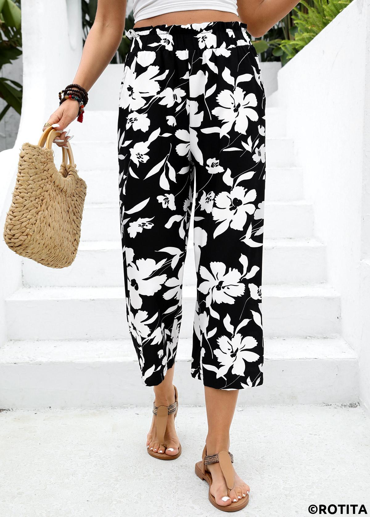Black bottoms,Floral bottoms,Plants bottoms,Soft Floral Print Black Wide Leg Elastic Waist Pants
