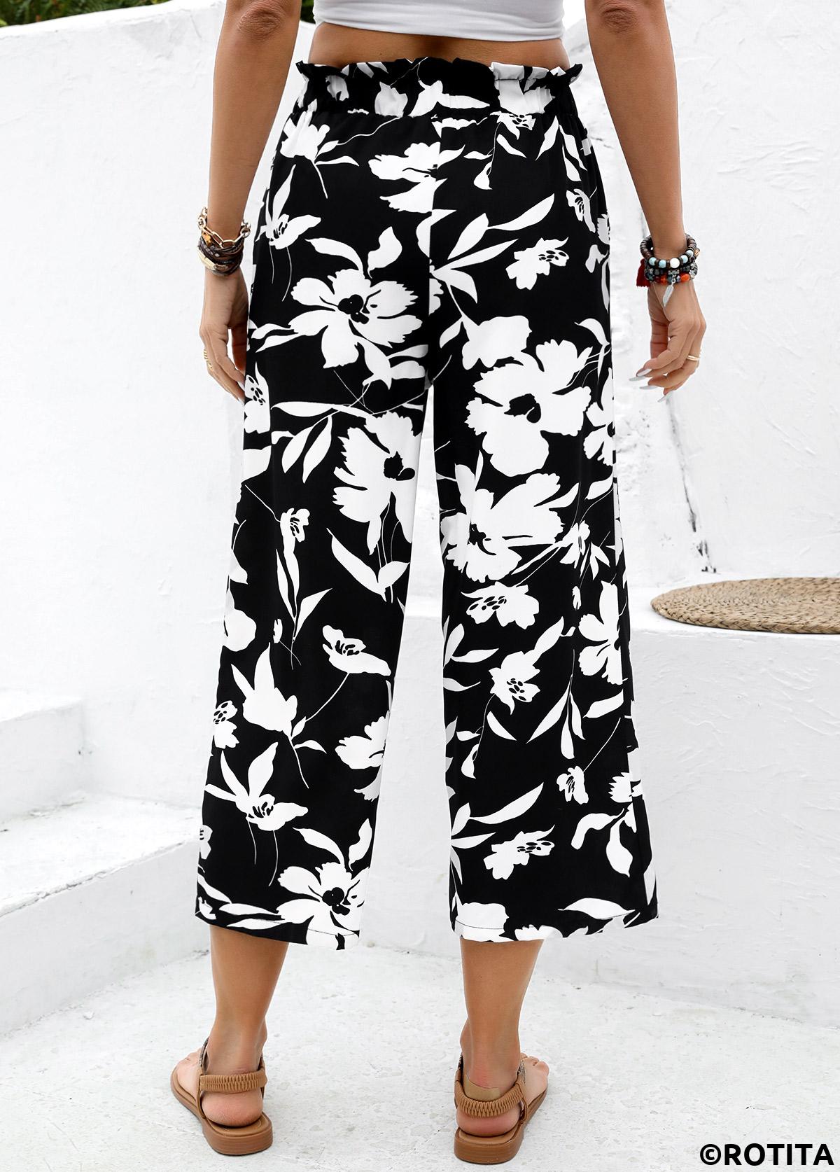 Black bottoms,Floral bottoms,Plants bottoms,Soft Floral Print Black Wide Leg Elastic Waist Pants