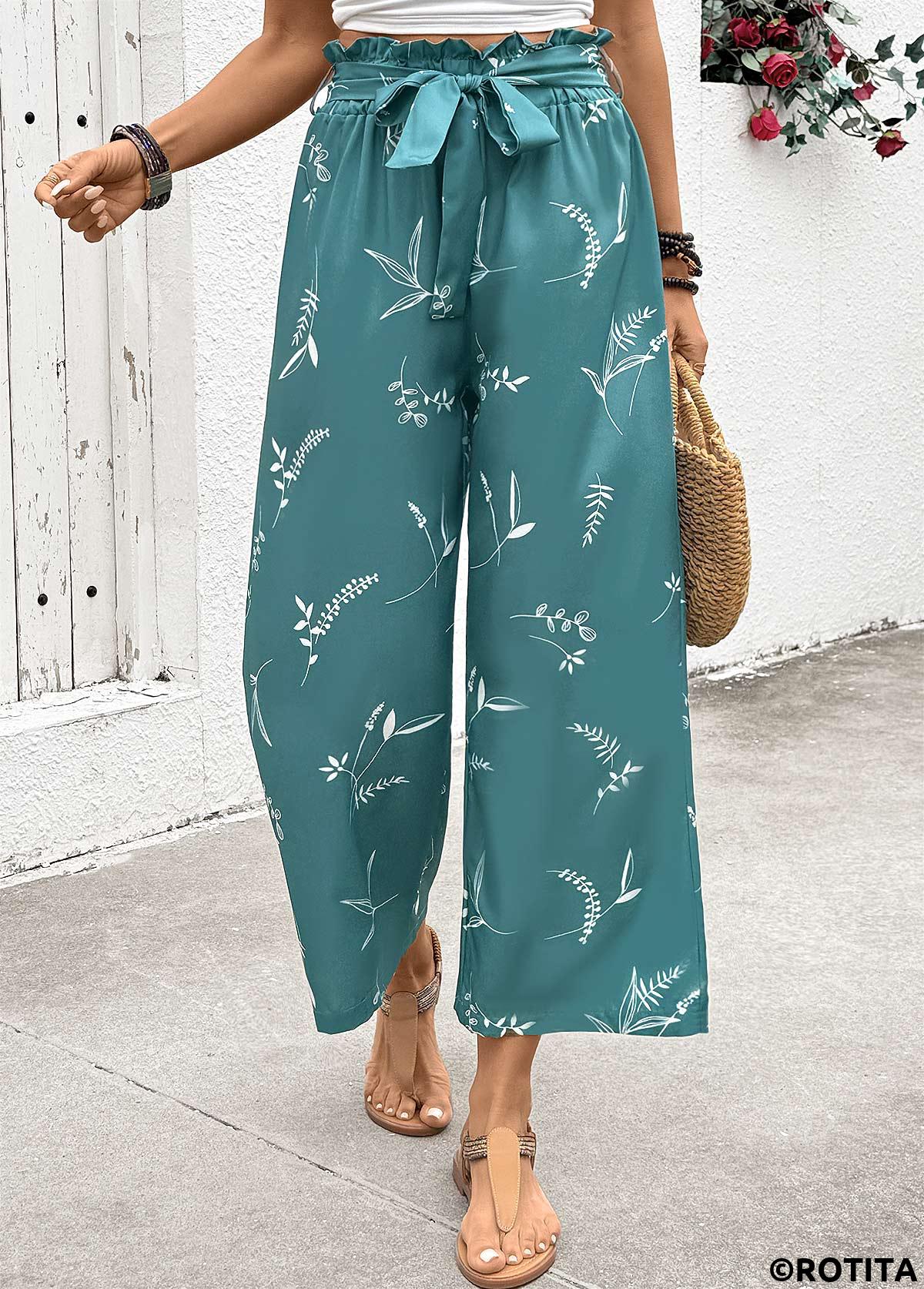 Turquoise bottoms,Plants bottoms,Plants Print Turquoise Wide Leg Elastic Waist Pants