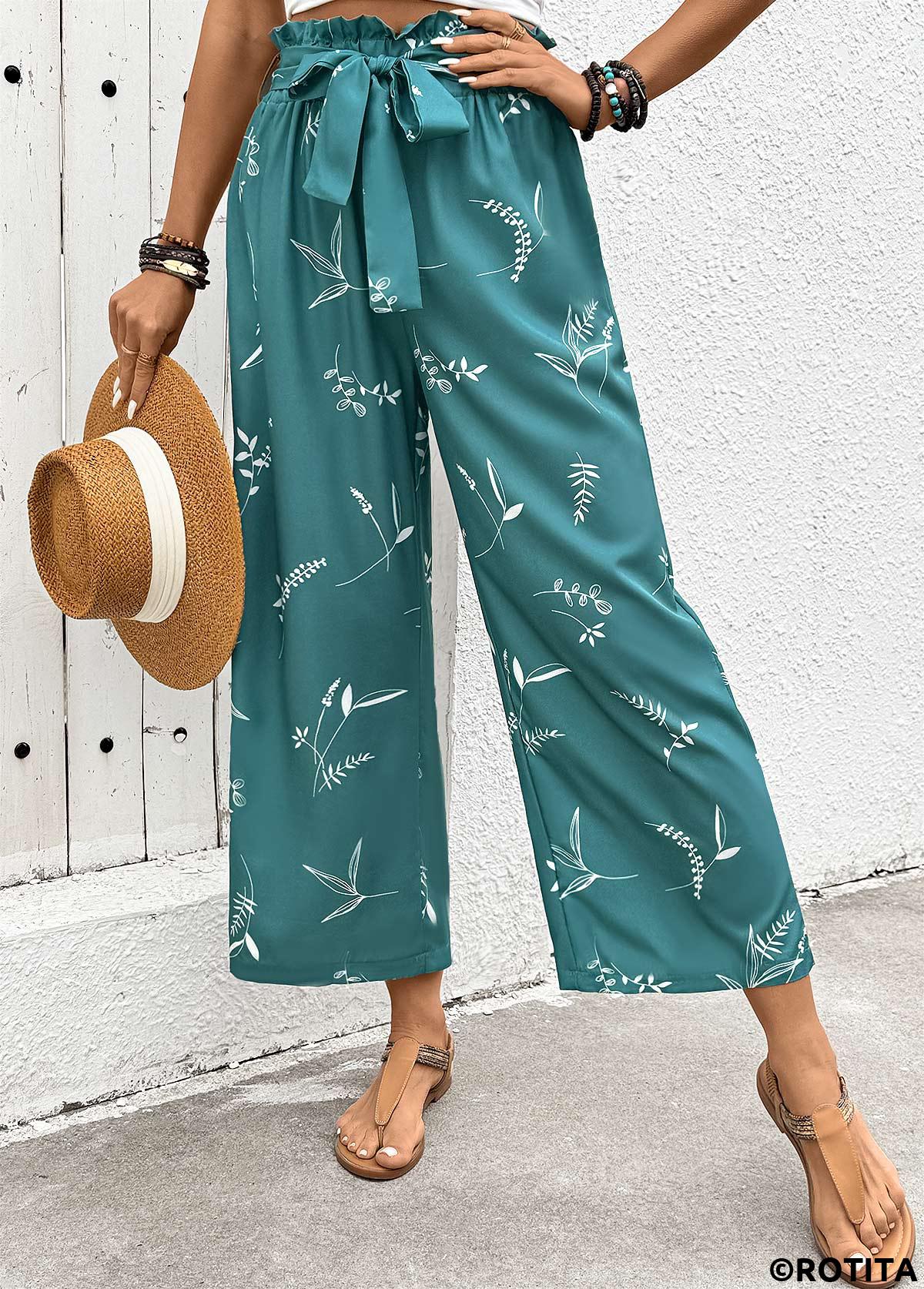 Turquoise bottoms,Plants bottoms,Plants Print Turquoise Wide Leg Elastic Waist Pants