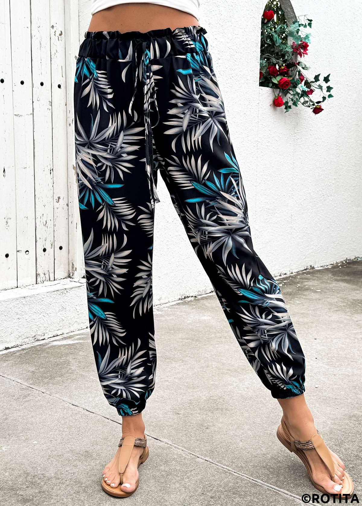 Black bottoms,Plants bottoms,Plants Print Black Jogger Elastic Waist High Waisted Pants