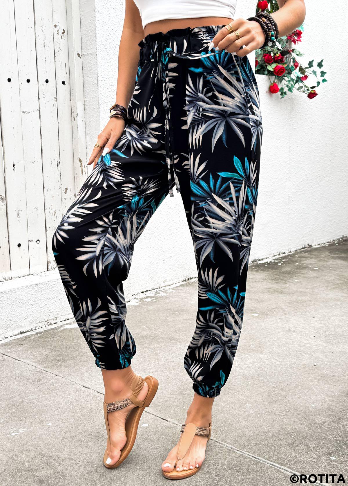 Black bottoms,Plants bottoms,Plants Print Black Jogger Elastic Waist High Waisted Pants