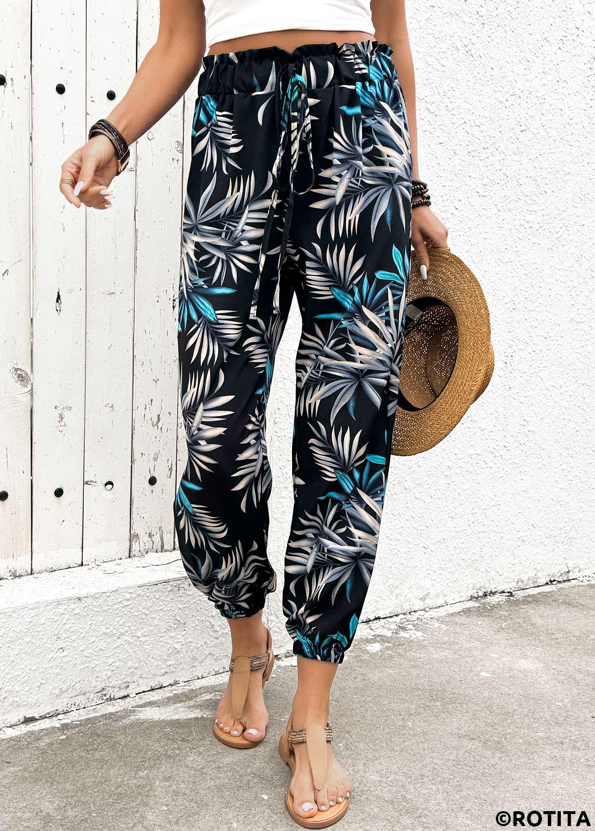 Black bottoms,Plants bottoms,Plants Print Black Jogger Elastic Waist High Waisted Pants
