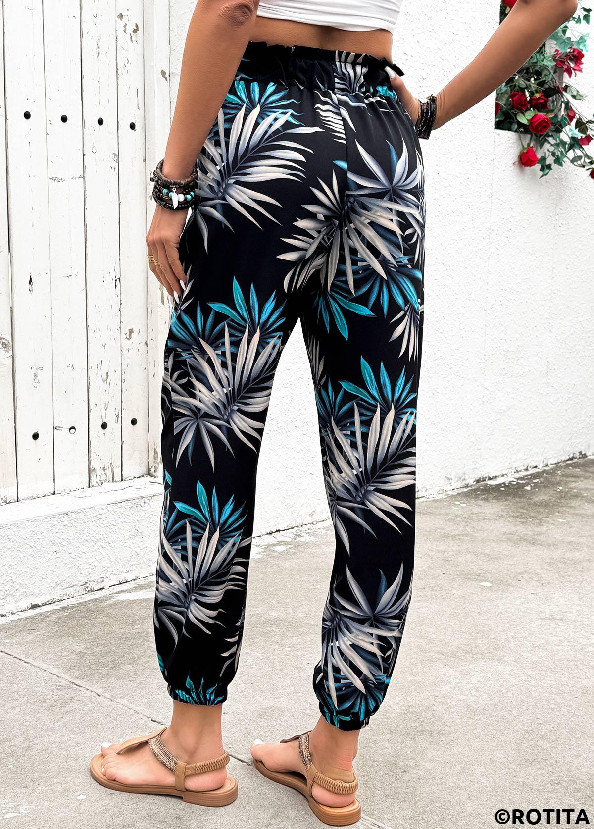 Black bottoms,Plants bottoms,Plants Print Black Jogger Elastic Waist High Waisted Pants