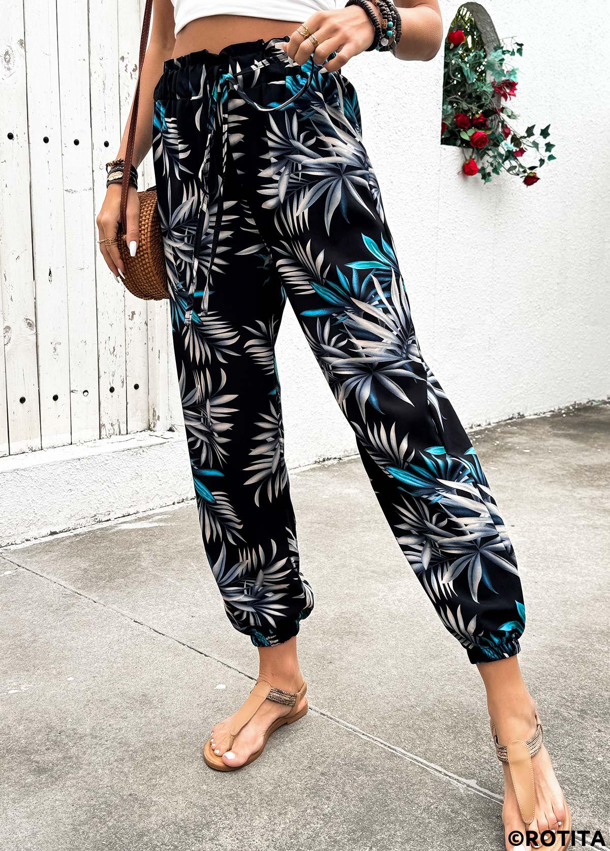 Black bottoms,Plants bottoms,Plants Print Black Jogger Elastic Waist High Waisted Pants