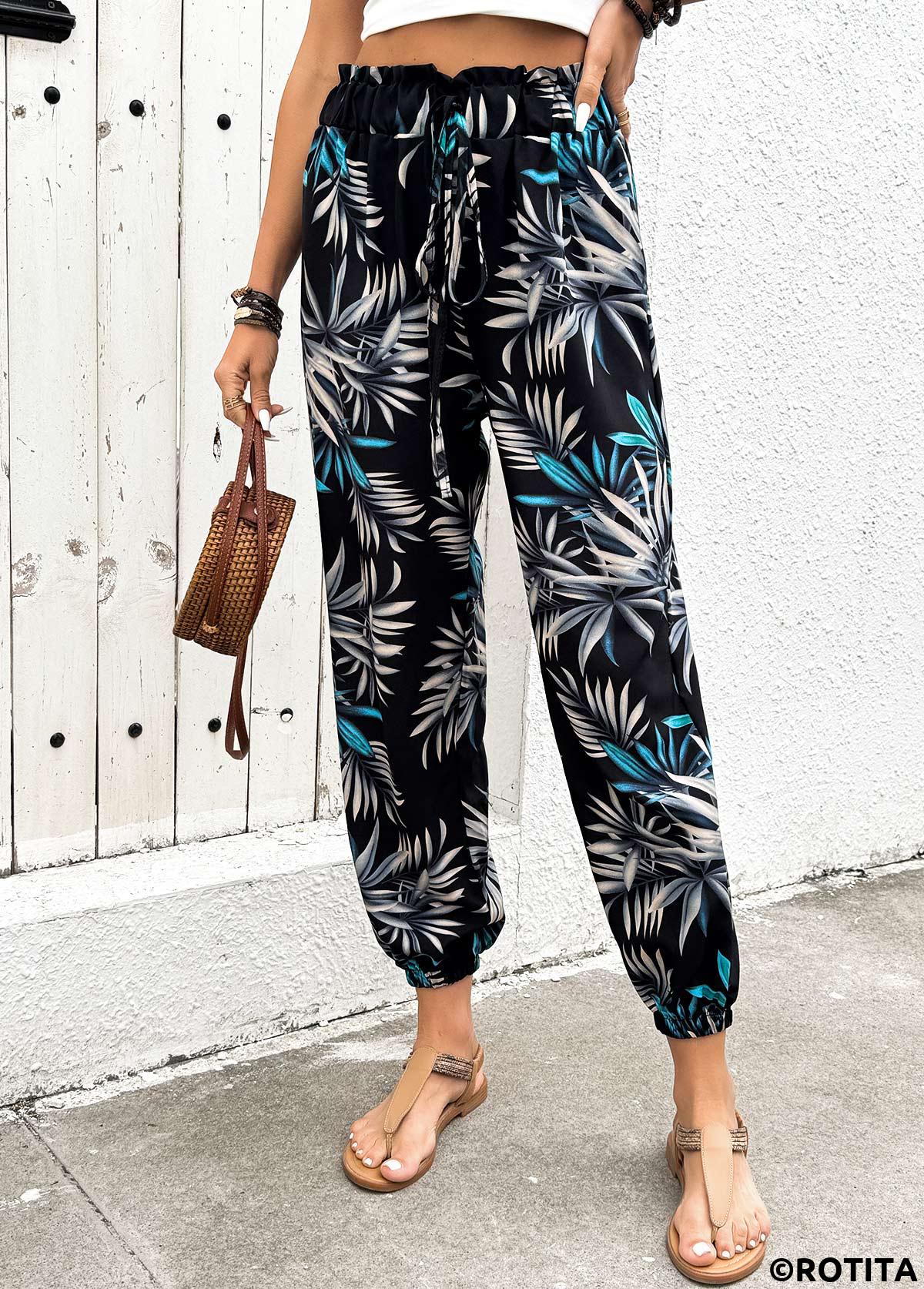 Black bottoms,Plants bottoms,Plants Print Black Jogger Elastic Waist High Waisted Pants