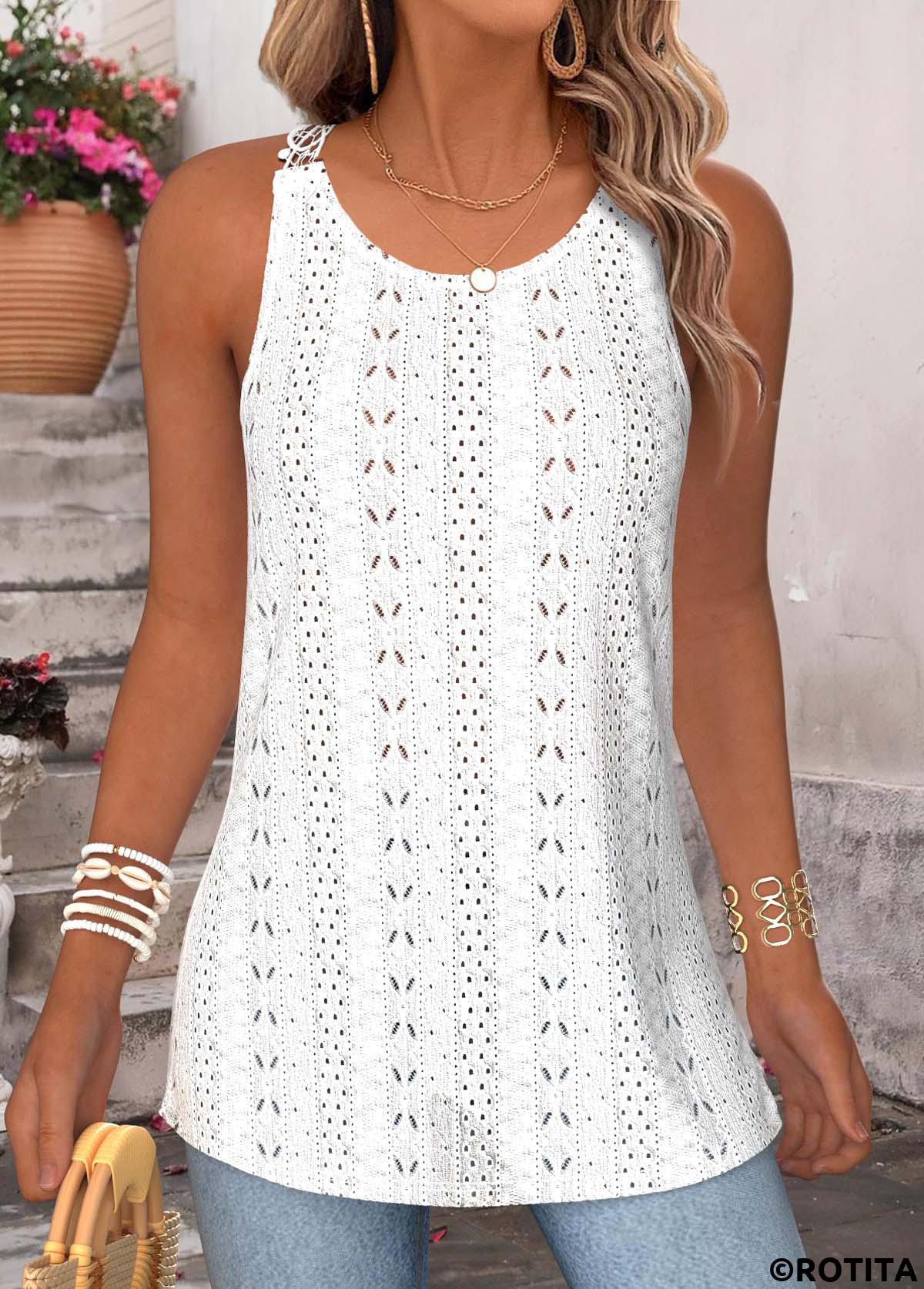 Raw white tops,Plain Color tops,ROTITA Tummy Coverage Raw White Round Neck Sleeveless Tank Top