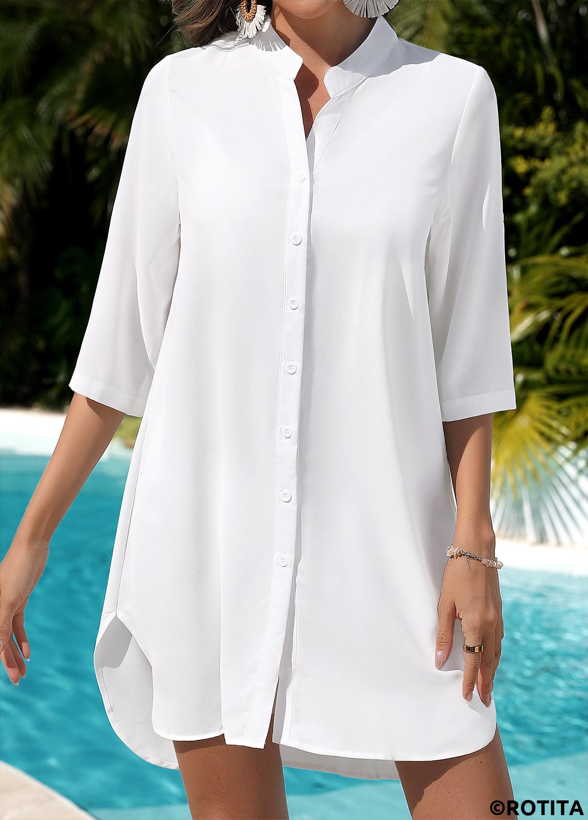 White swimwear,Plain Color swimwear,Tummy Coverage Button White Cover Up