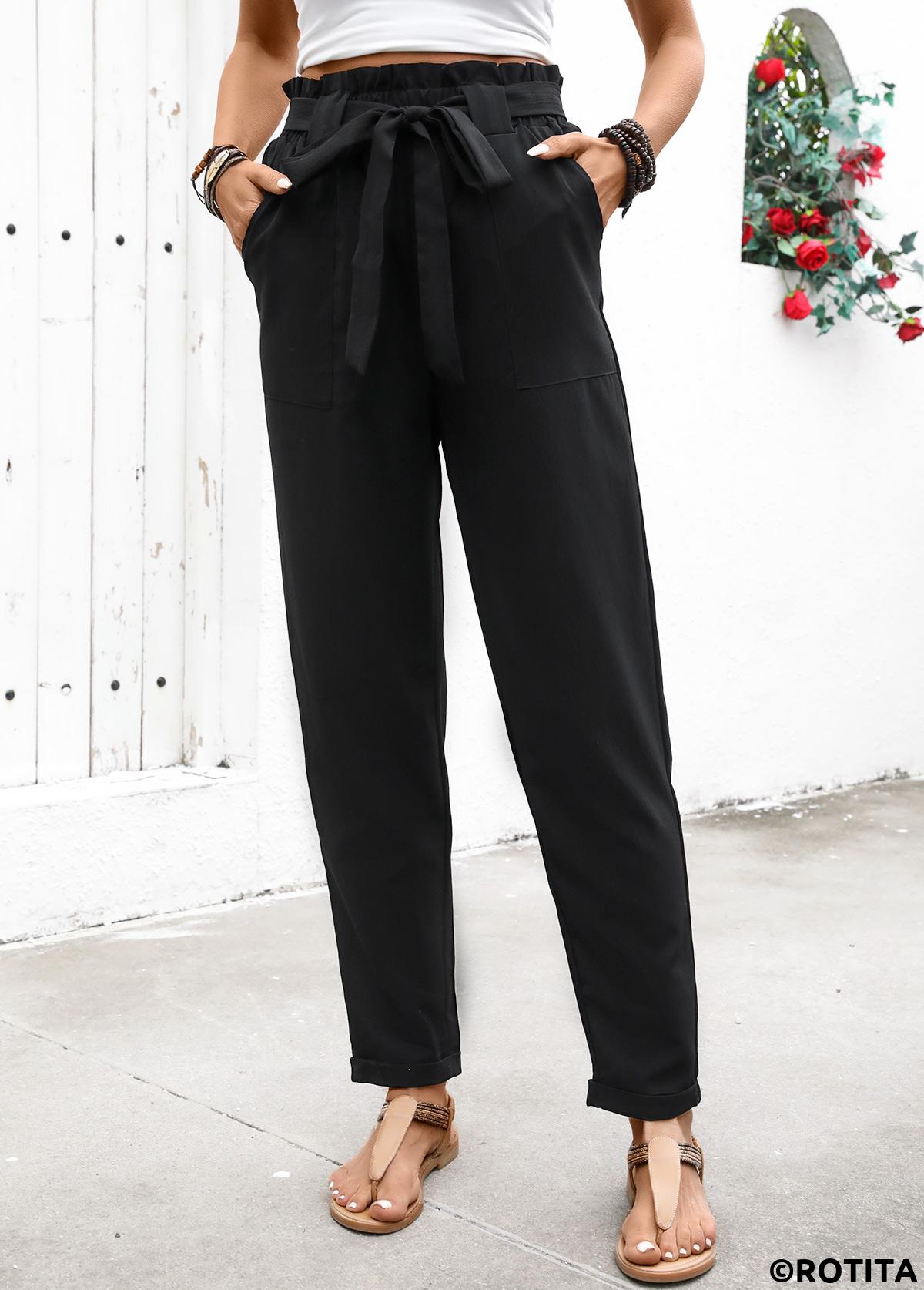 Black bottoms,Plain Color bottoms,Soft Black Straight Leg Elastic Waist High Waisted Pants