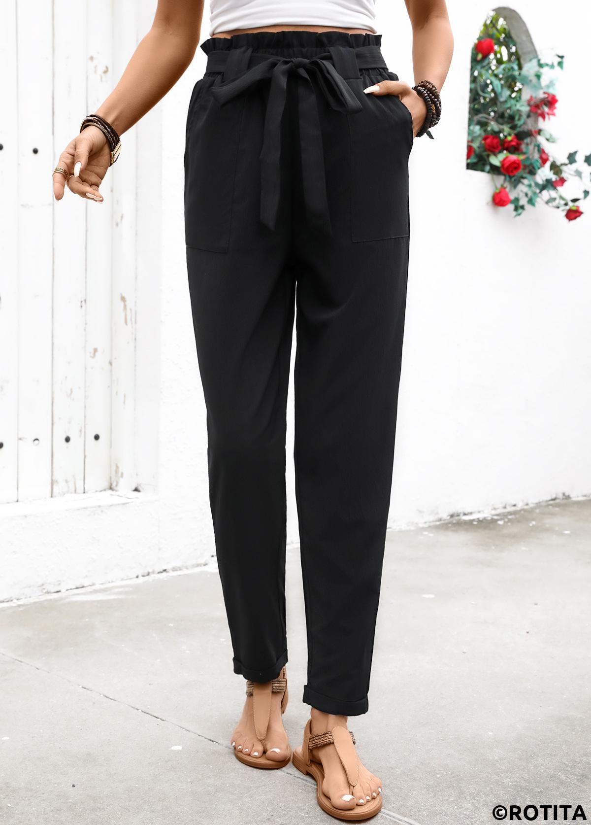 Black bottoms,Plain Color bottoms,Soft Black Straight Leg Elastic Waist High Waisted Pants