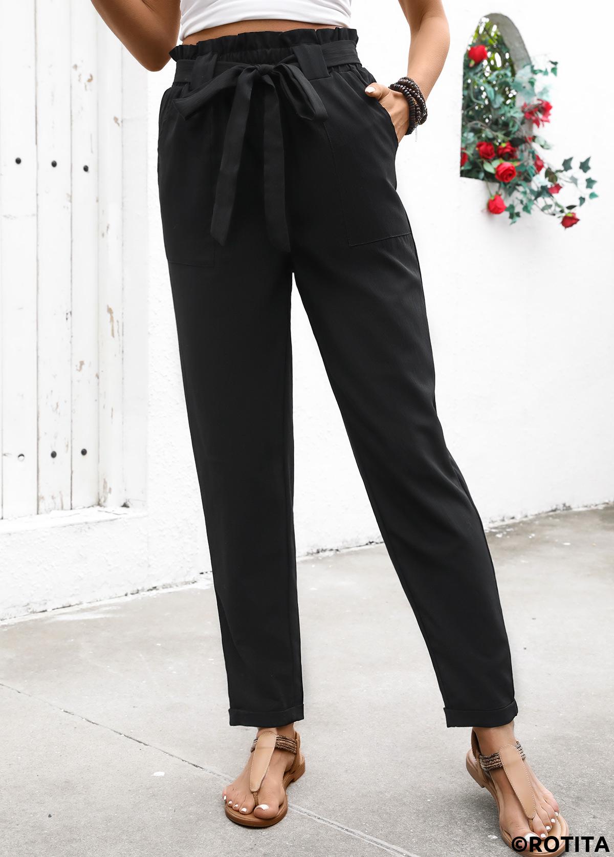 Black bottoms,Plain Color bottoms,Soft Black Straight Leg Elastic Waist High Waisted Pants