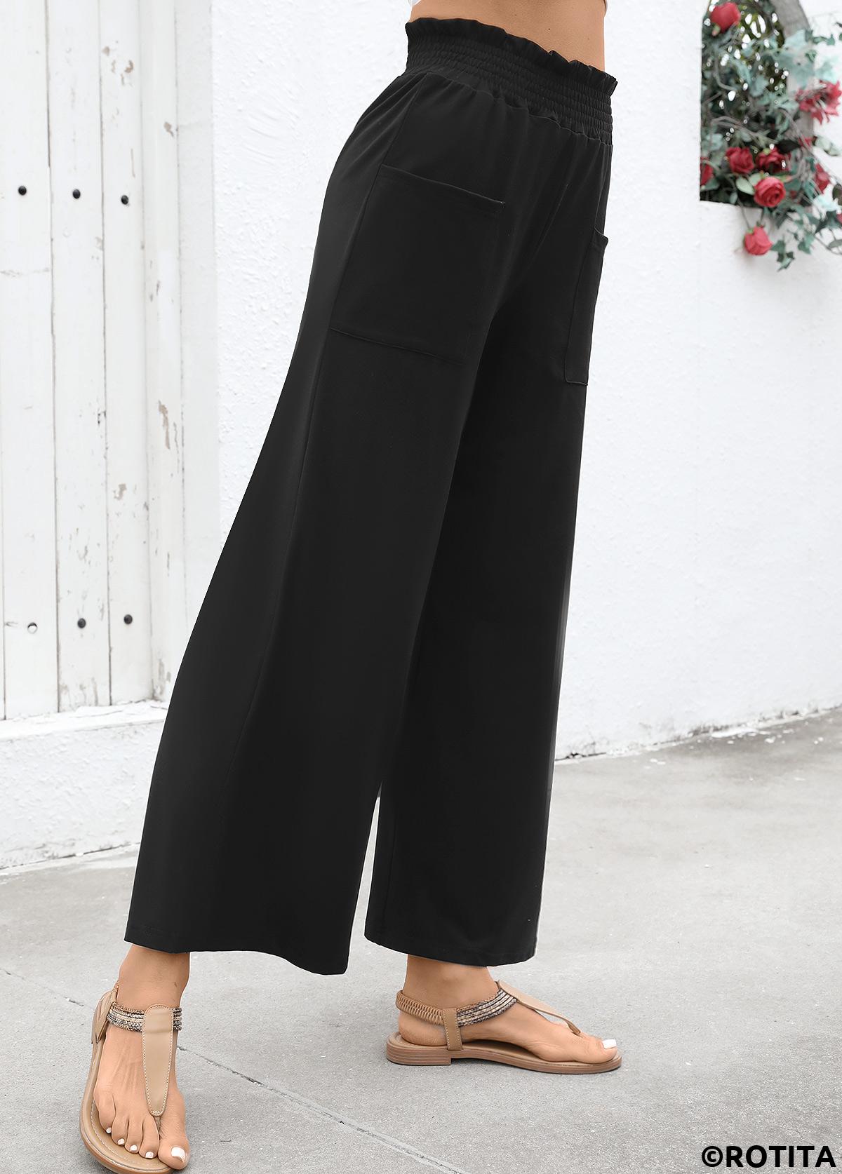 Black bottoms,Plain Color bottoms,Soft Black Wide Leg Elastic Waist High Waisted Pants
