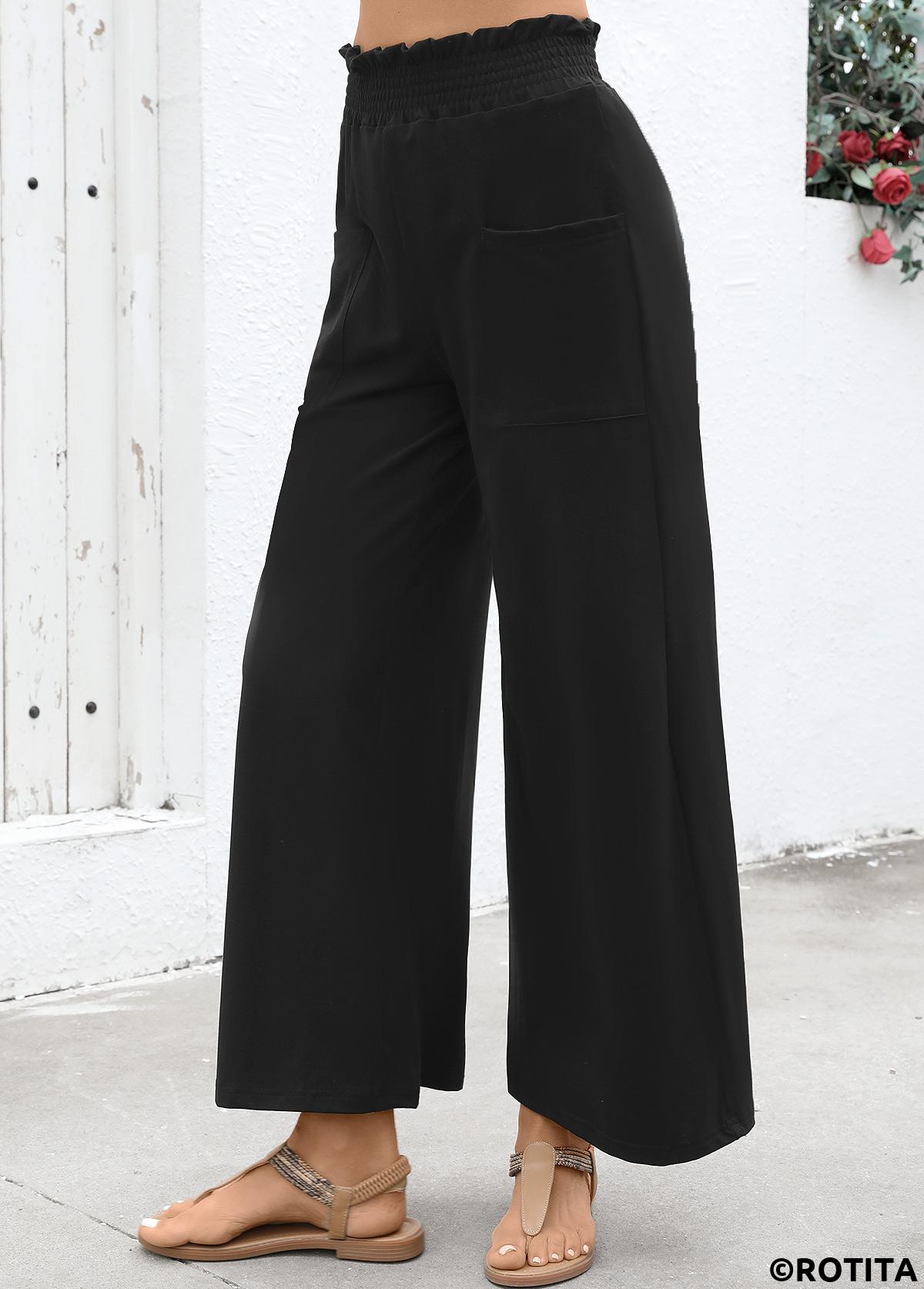Black bottoms,Plain Color bottoms,Soft Black Wide Leg Elastic Waist High Waisted Pants