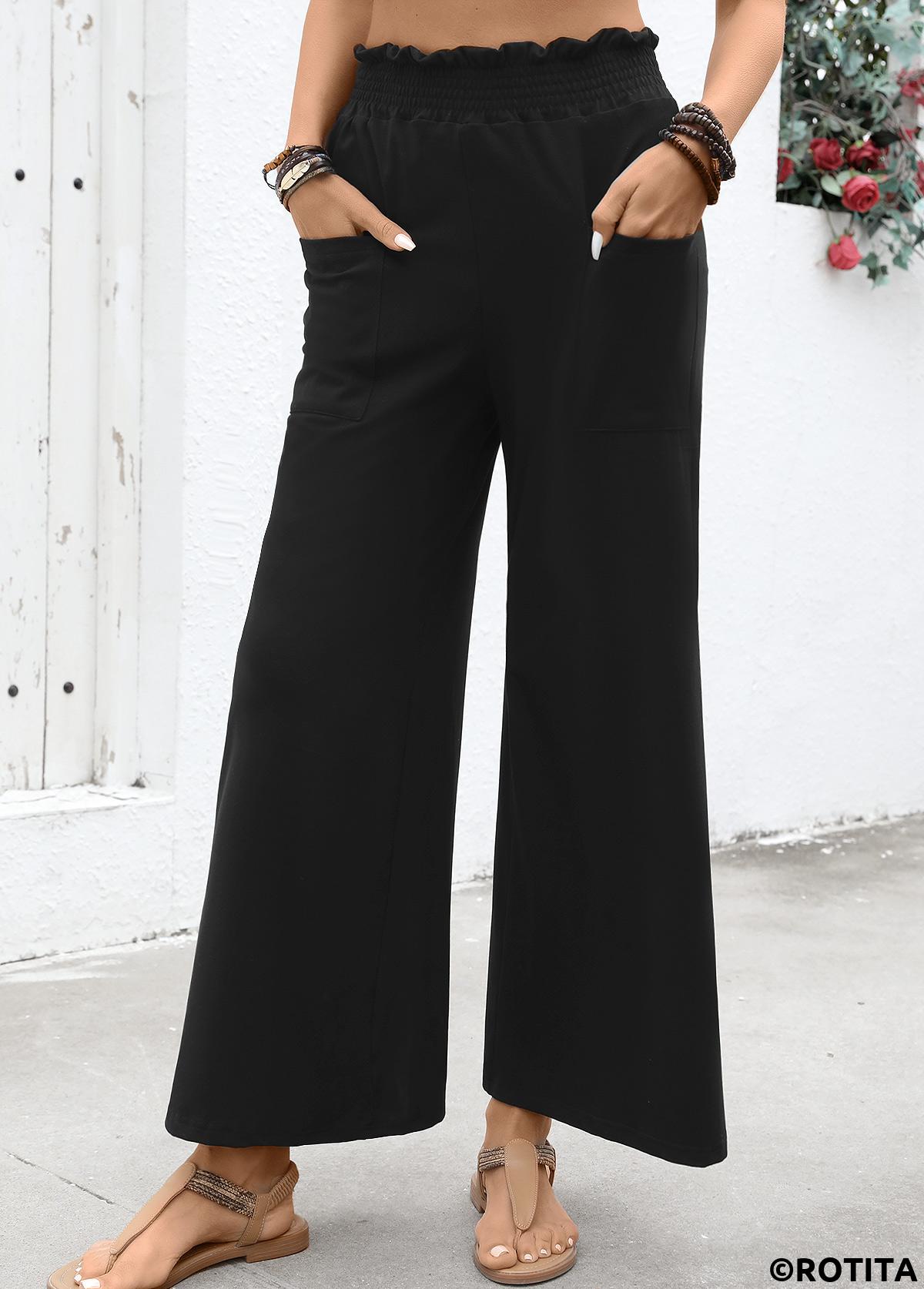 Black bottoms,Plain Color bottoms,Soft Black Wide Leg Elastic Waist High Waisted Pants