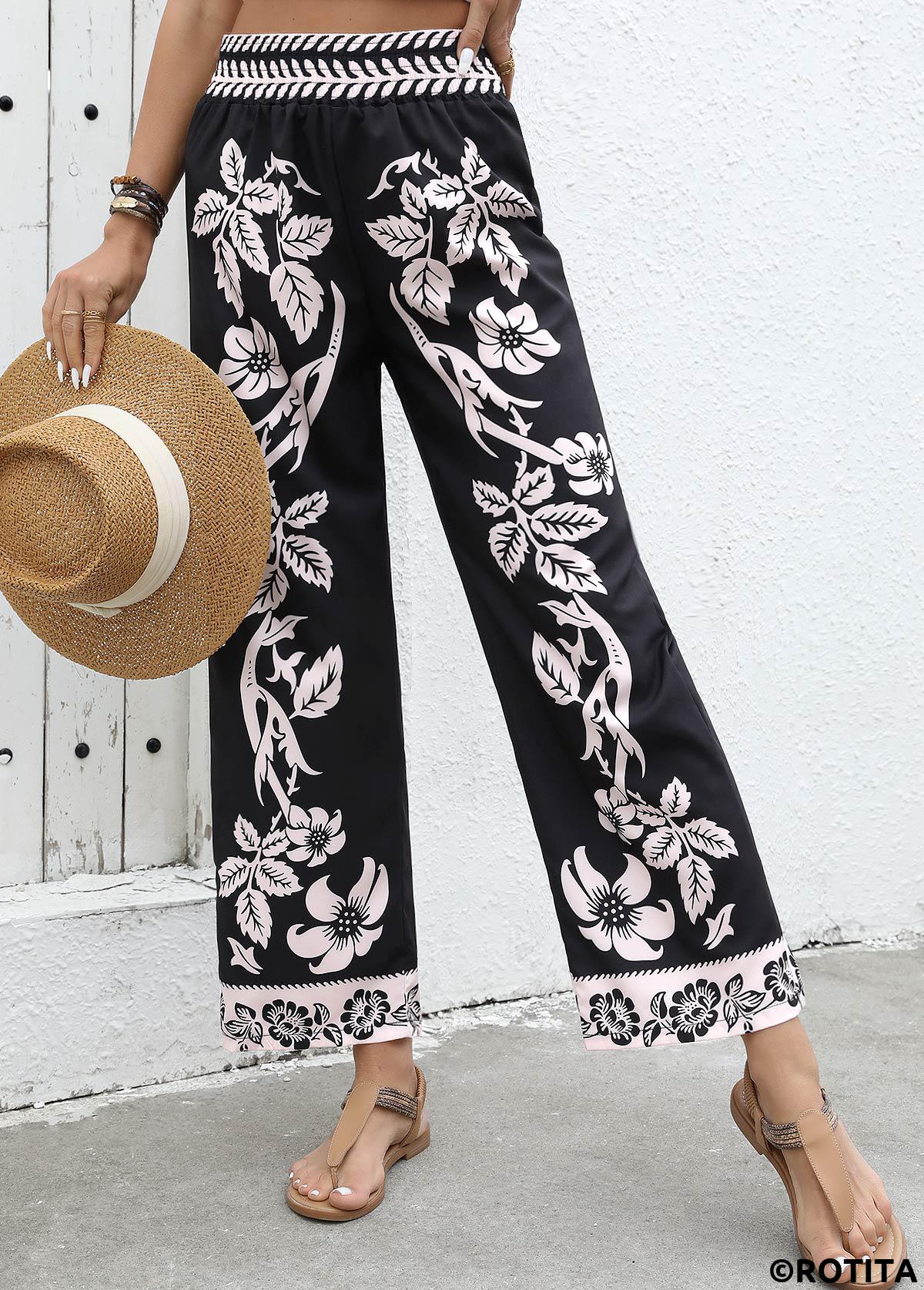 Black bottoms,Plants bottoms,Flowy Plants Print Black Wide Leg Elastic Waist Pants