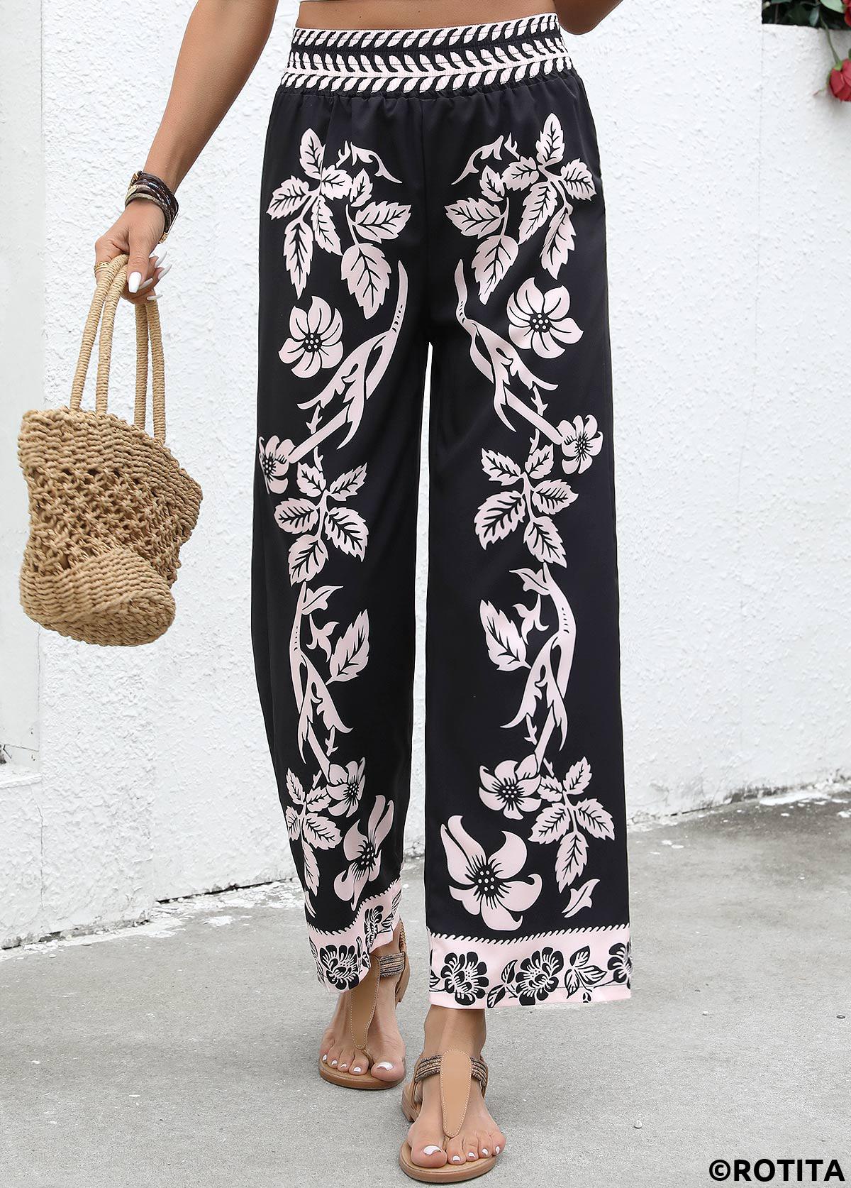 Black bottoms,Plants bottoms,Flowy Plants Print Black Wide Leg Elastic Waist Pants