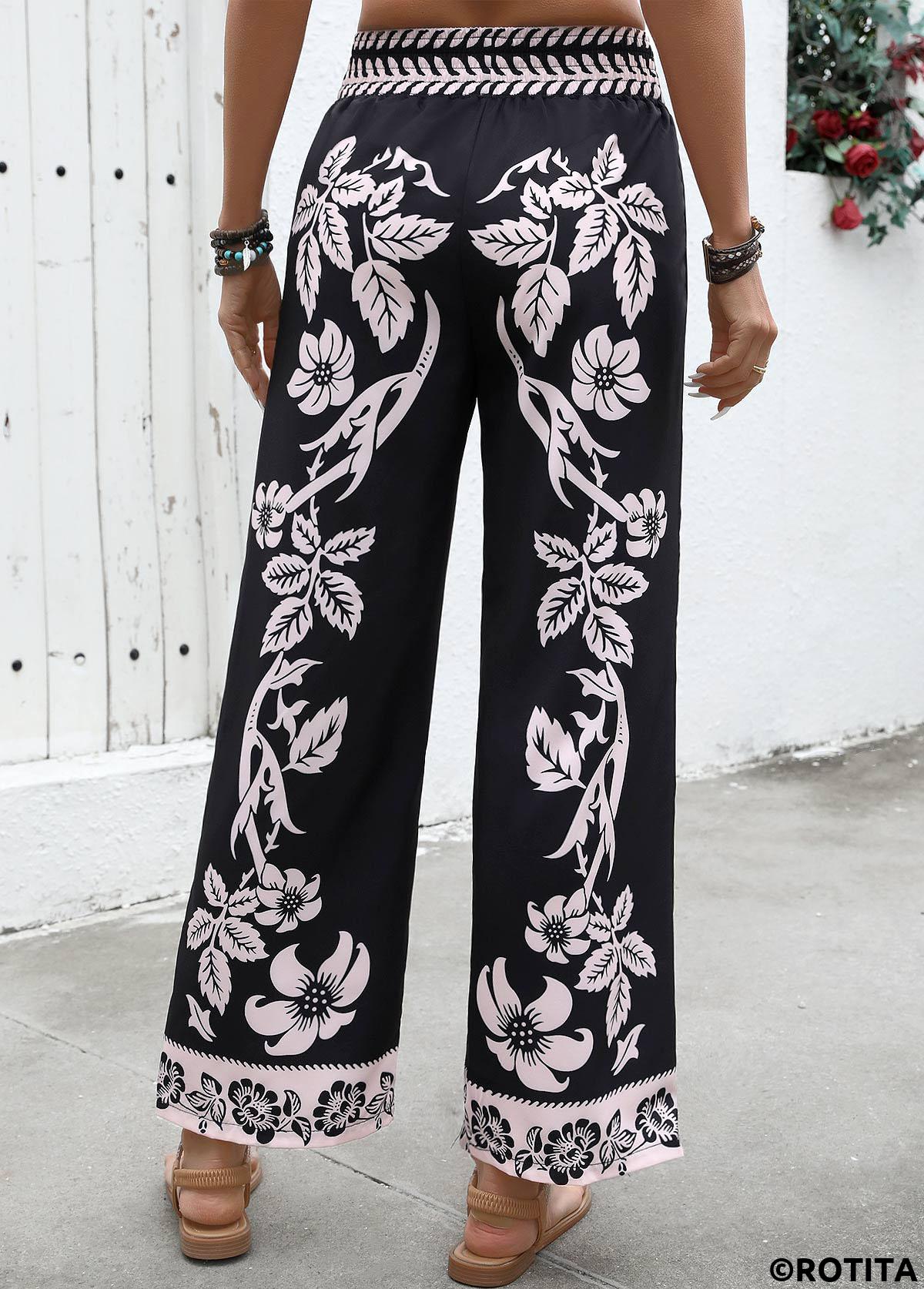 Black bottoms,Plants bottoms,Flowy Plants Print Black Wide Leg Elastic Waist Pants