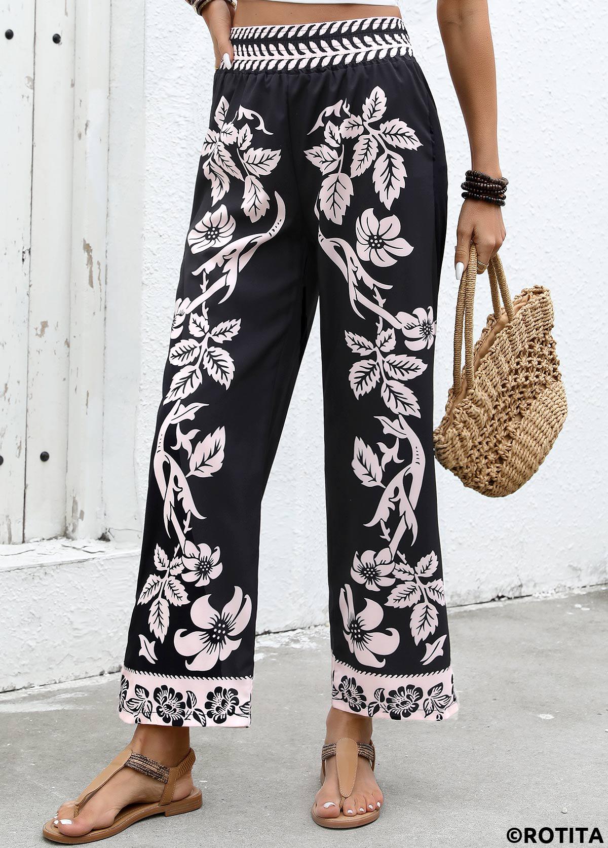 Black bottoms,Plants bottoms,Flowy Plants Print Black Wide Leg Elastic Waist Pants