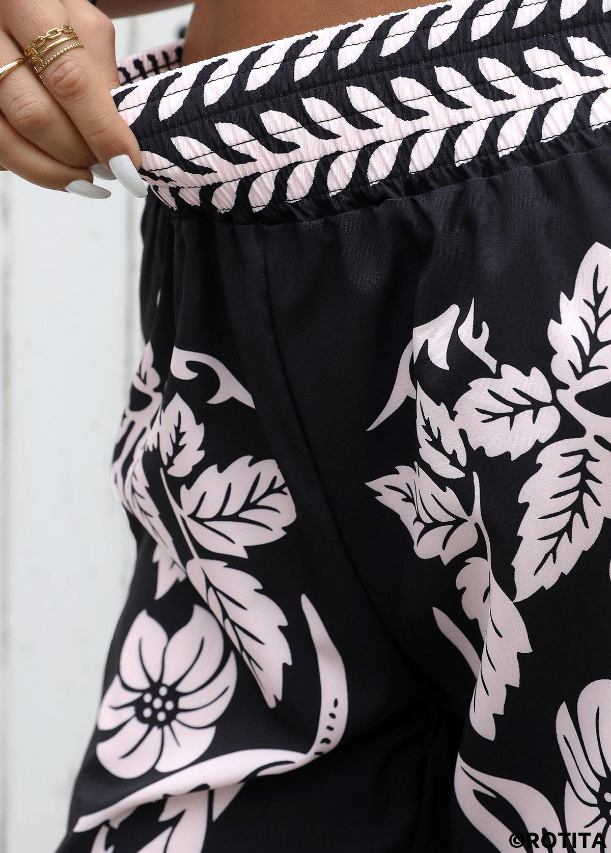 Black bottoms,Plants bottoms,Flowy Plants Print Black Wide Leg Elastic Waist Pants