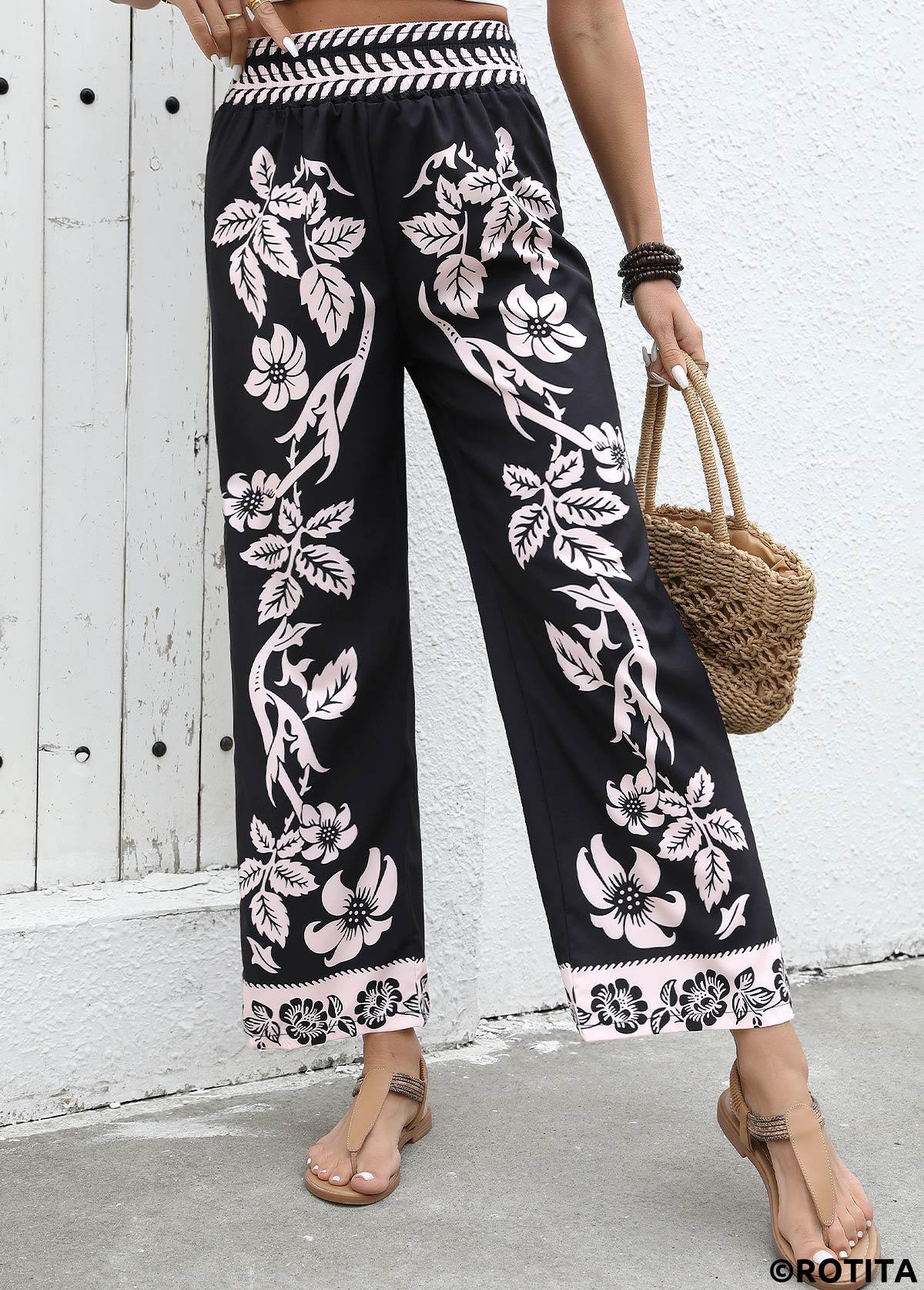 Black bottoms,Plants bottoms,Flowy Plants Print Black Wide Leg Elastic Waist Pants