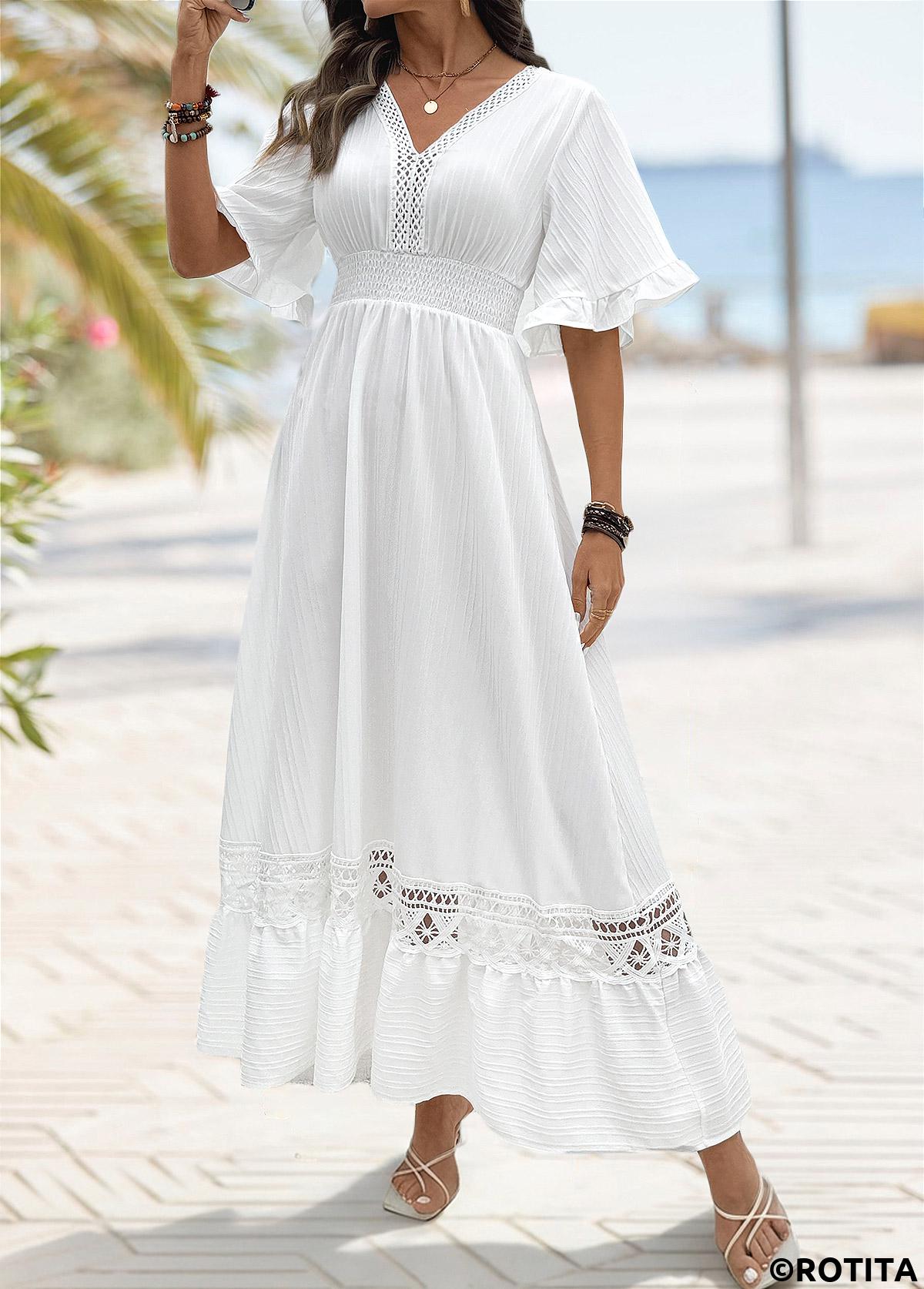 White dresses,Plain Color dresses,Everyday dresses,Casual dresses,ROTITA White Smocked Maxi V Neck Half Sleeve Dress