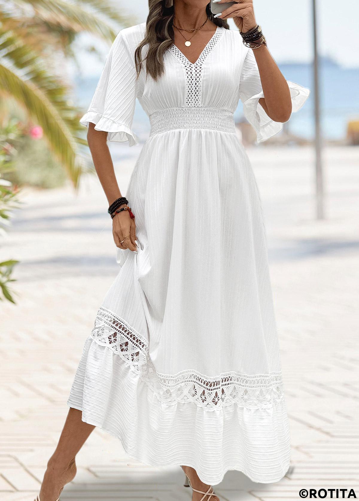 White dresses,Plain Color dresses,Everyday dresses,Casual dresses,ROTITA White Smocked Maxi V Neck Half Sleeve Dress