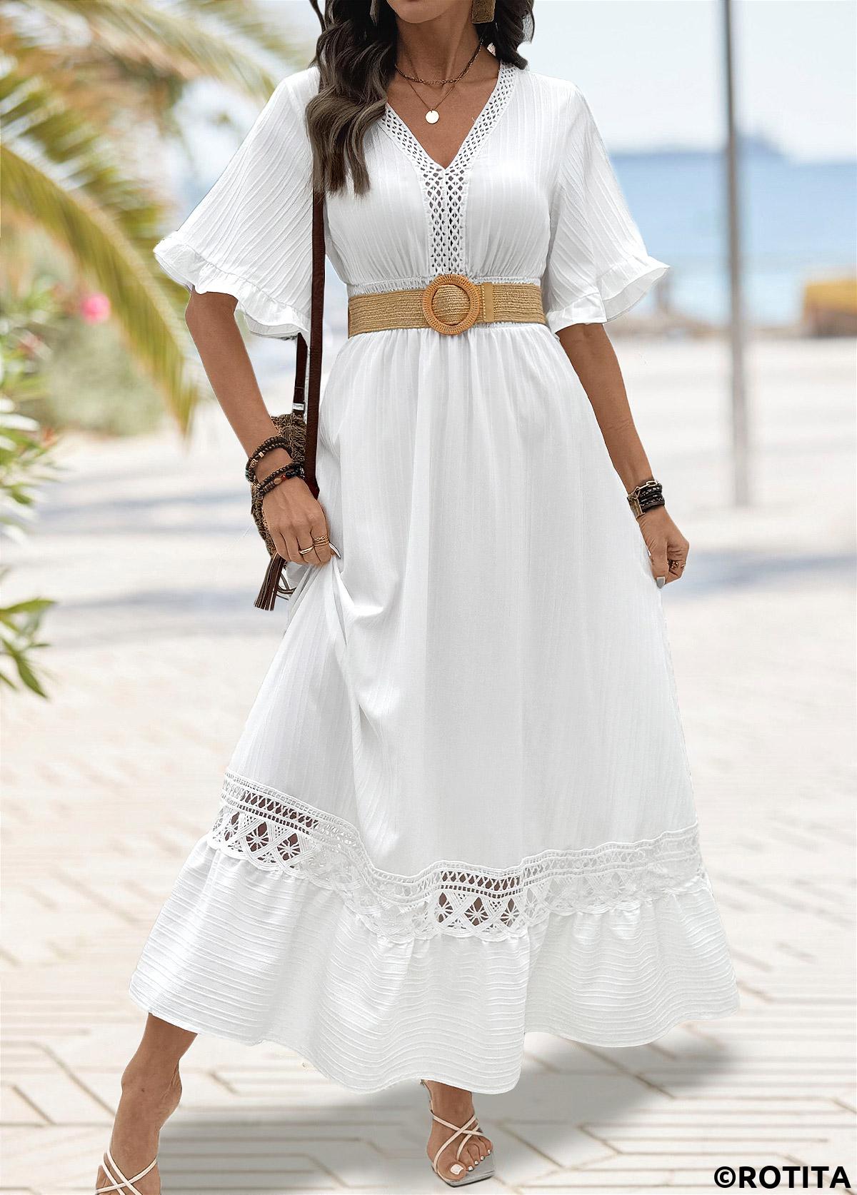 White dresses,Plain Color dresses,Everyday dresses,Casual dresses,ROTITA White Smocked Maxi V Neck Half Sleeve Dress