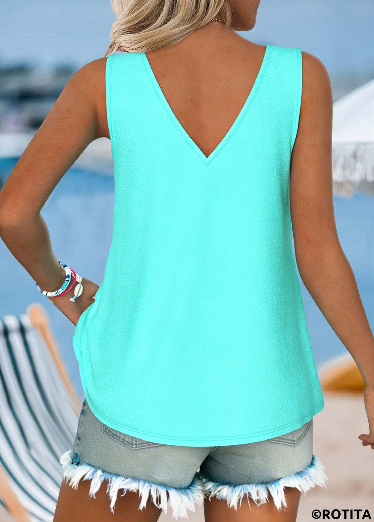 Cyan tops,Plants tops,ROTITA Tie Tropical Plants Print Cyan V Neck Tank Top