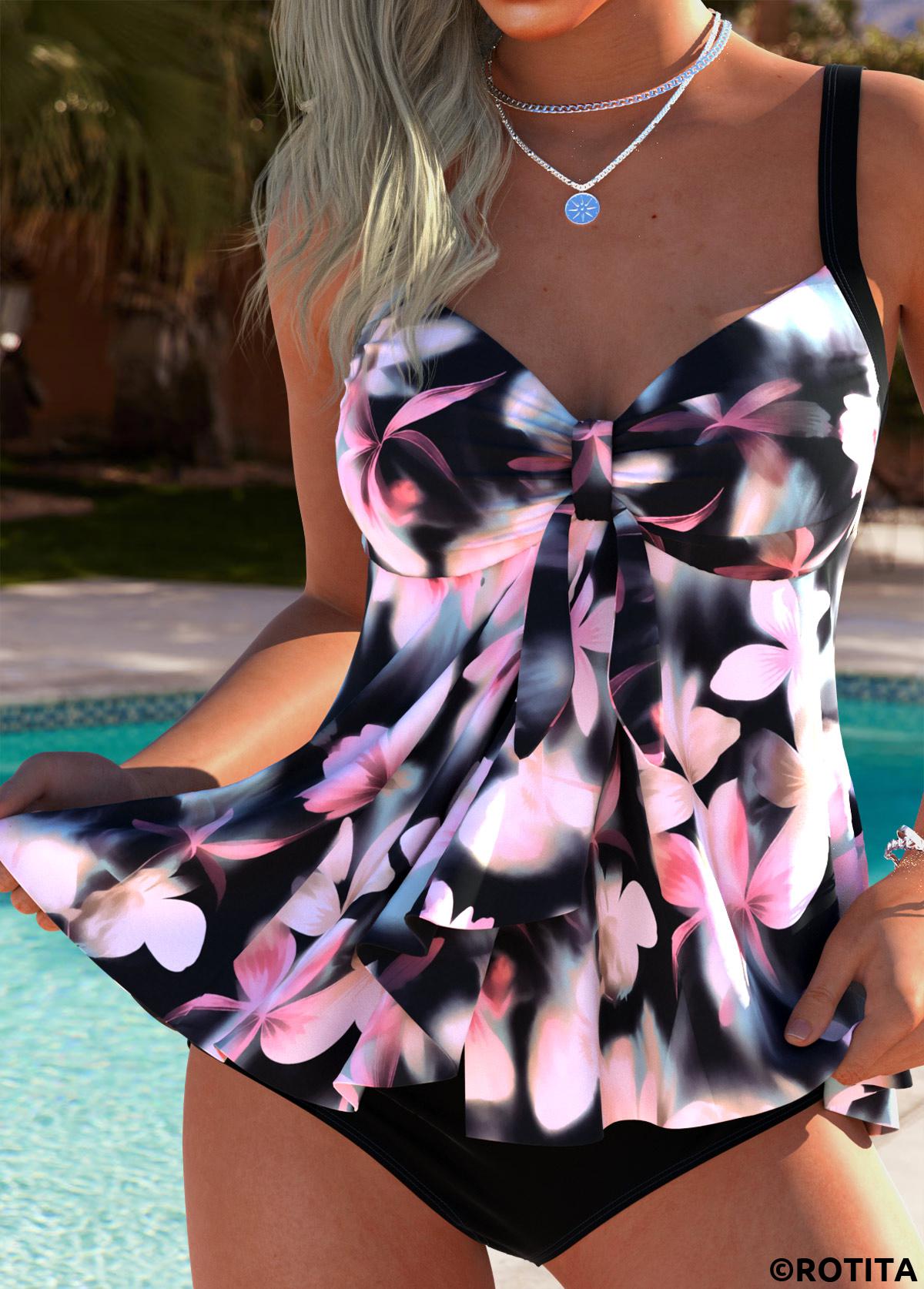 Pink swimwear,Floral swimwear,Plants swimwear,ROTITA Tummy Coverage Pink Floral Print Mid Waisted Tankini Set