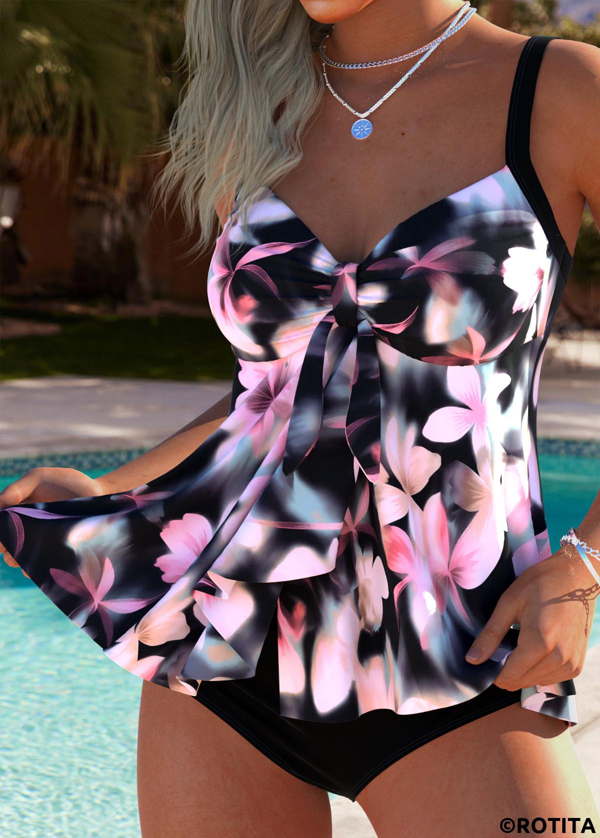 Pink swimwear,Floral swimwear,Plants swimwear,ROTITA Tummy Coverage Pink Floral Print Mid Waisted Tankini Set