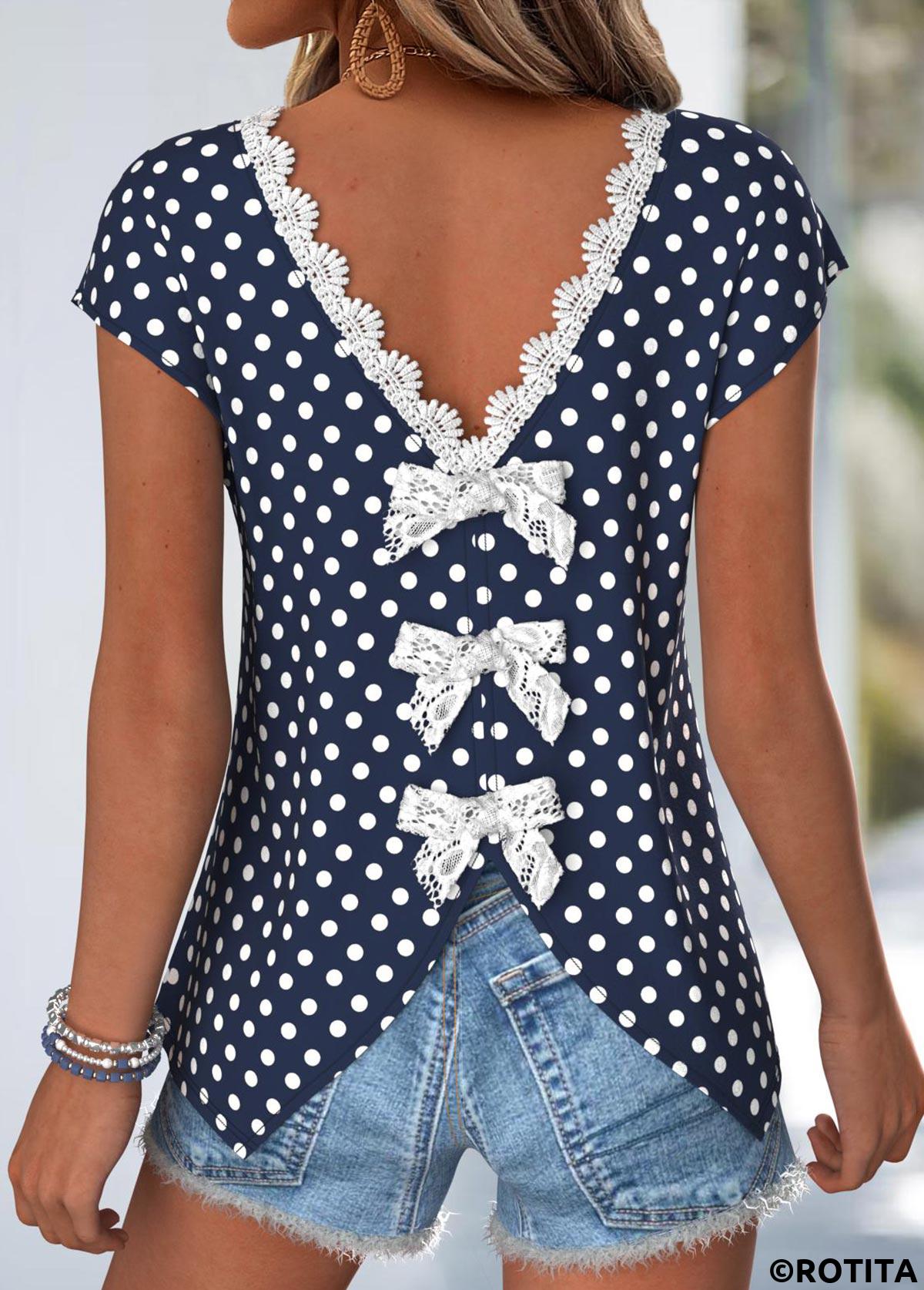 Navy tops,Dot tops,ROTITA Tummy Coverage Polka Dot Navy V Neck T Shirt