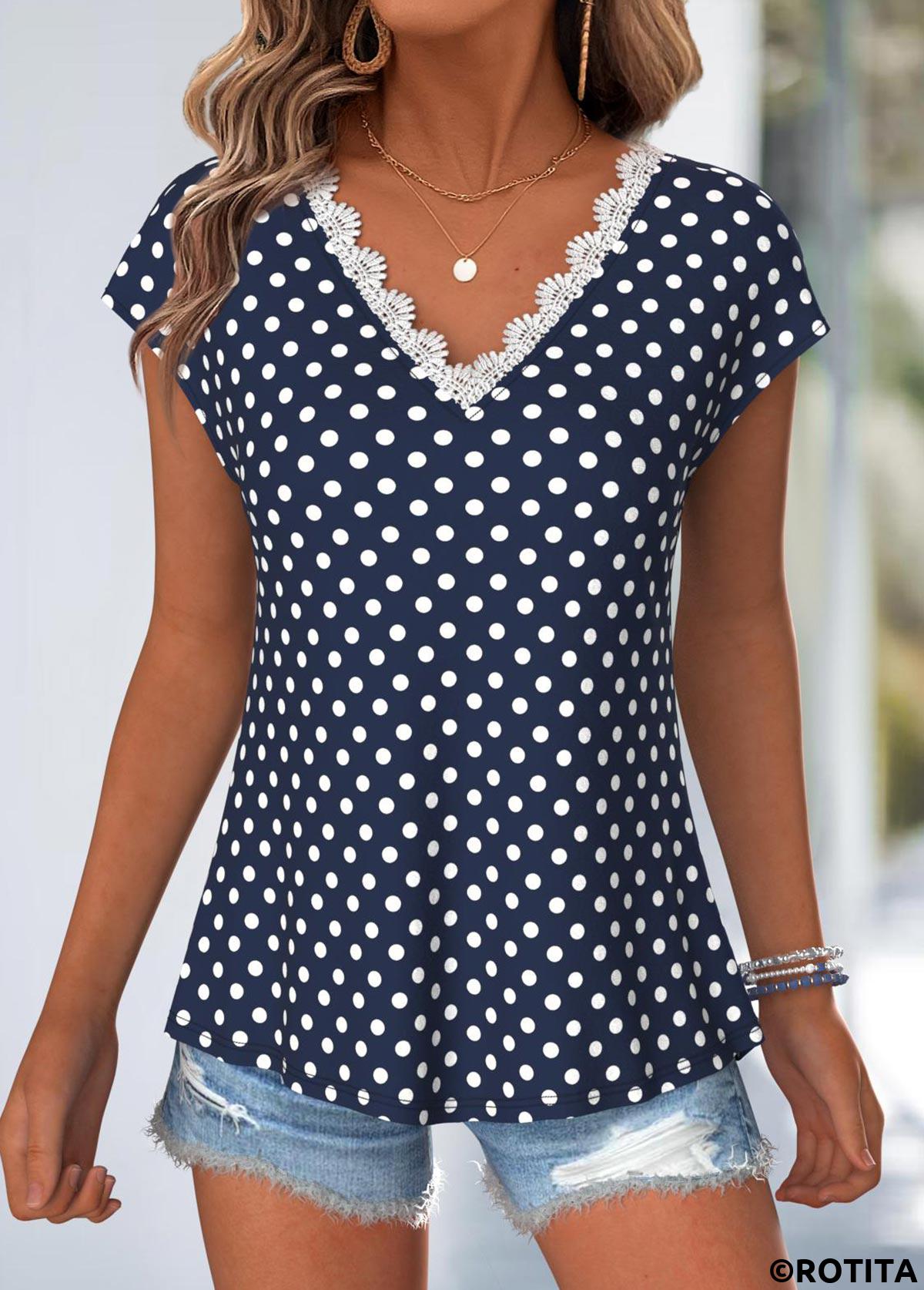 Navy tops,Dot tops,ROTITA Tummy Coverage Polka Dot Navy V Neck T Shirt