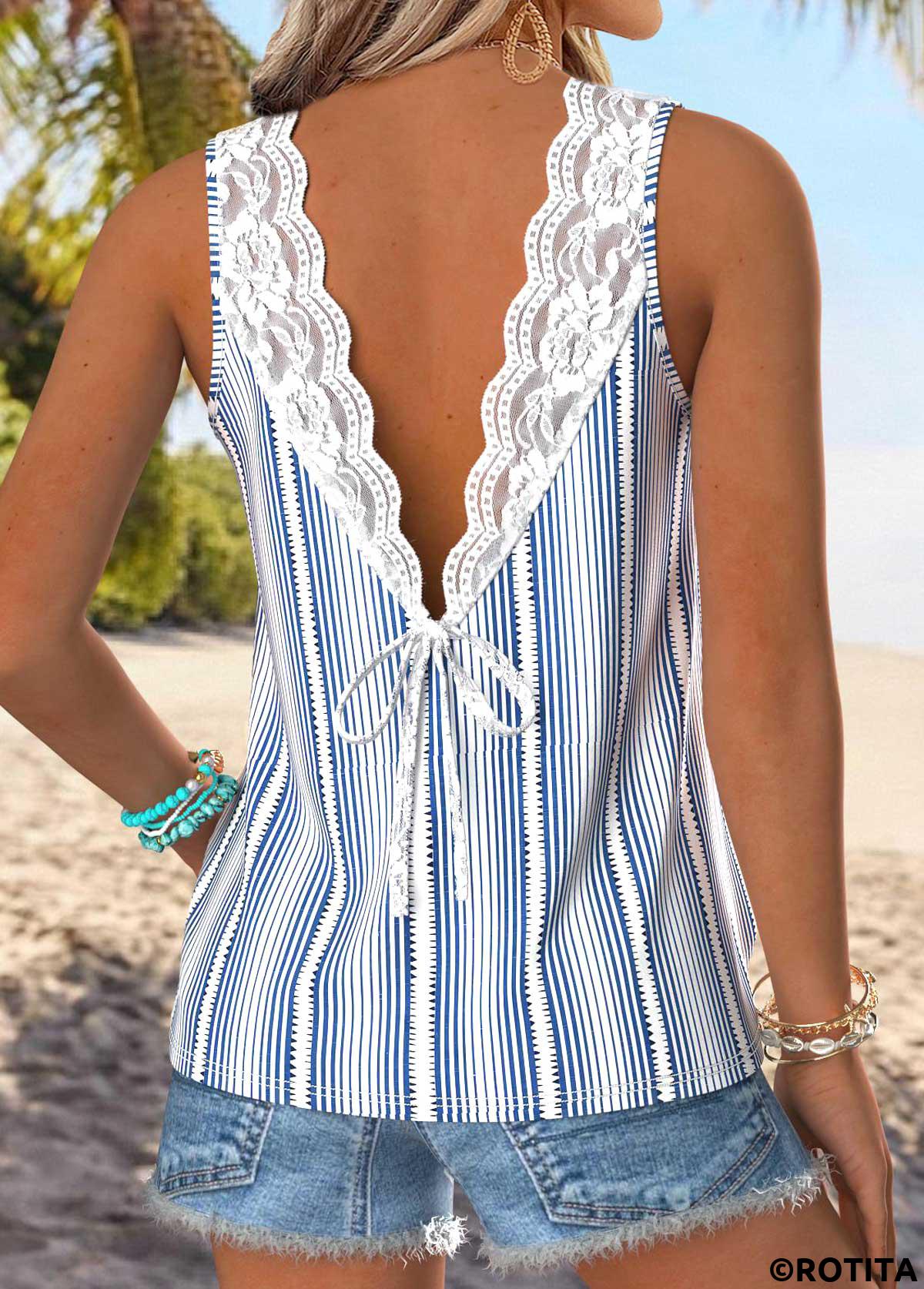 Light Blue tops,Geometric tops,ROTITA Geometric Print Light Blue Round Neck Sleeveless Tank Top