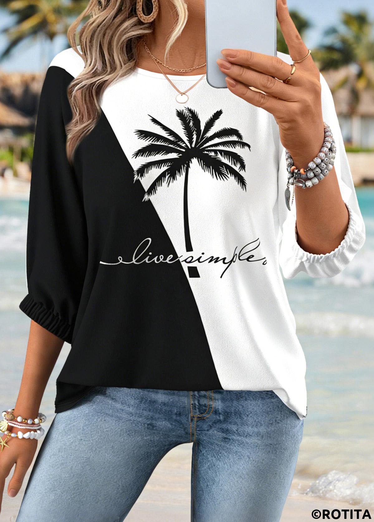 Black tops,Plants tops,ROTITA Tummy Coverage Tropical Plants Print Black Round Neck Blouse
