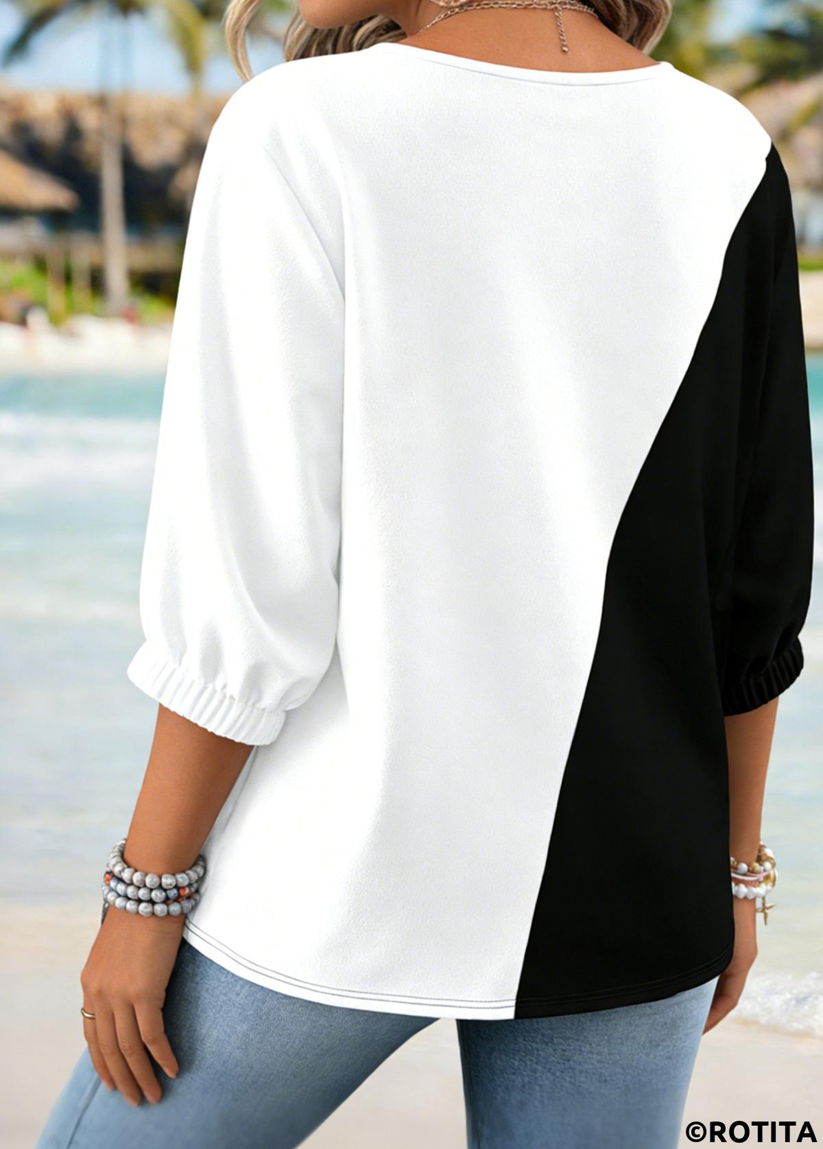 Black tops,Plants tops,ROTITA Tummy Coverage Tropical Plants Print Black Round Neck Blouse