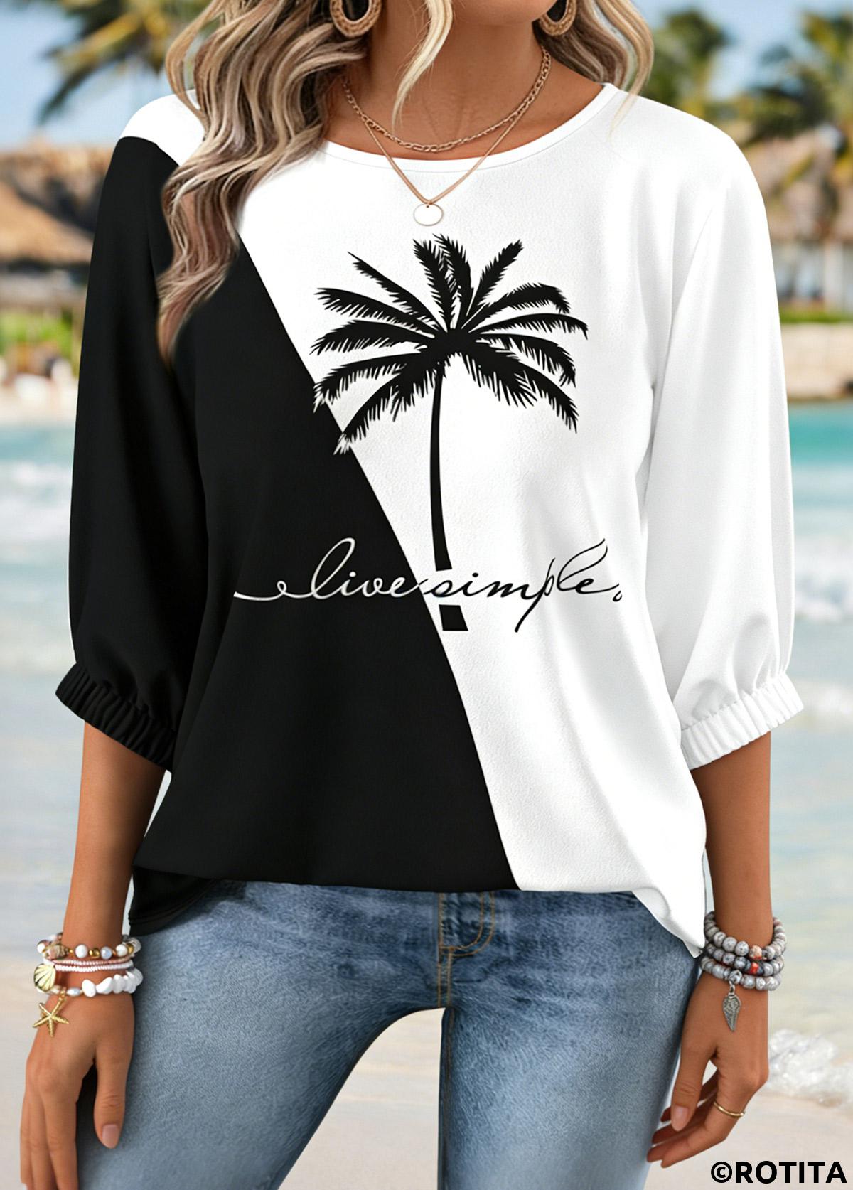 Black tops,Plants tops,ROTITA Tummy Coverage Tropical Plants Print Black Round Neck Blouse