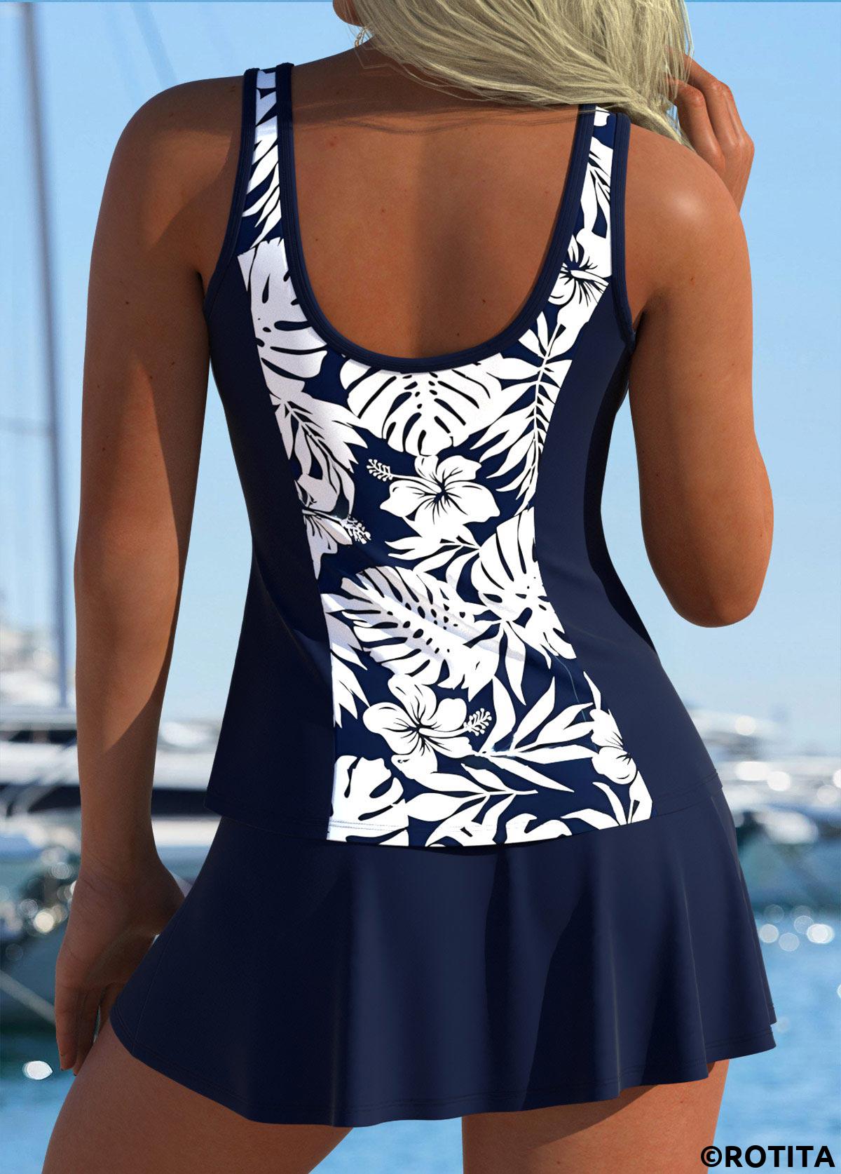 Navy swimwear,Plants swimwear,ROTITA Tummy Coverage Navy Tropical Plants Print Tankini Set