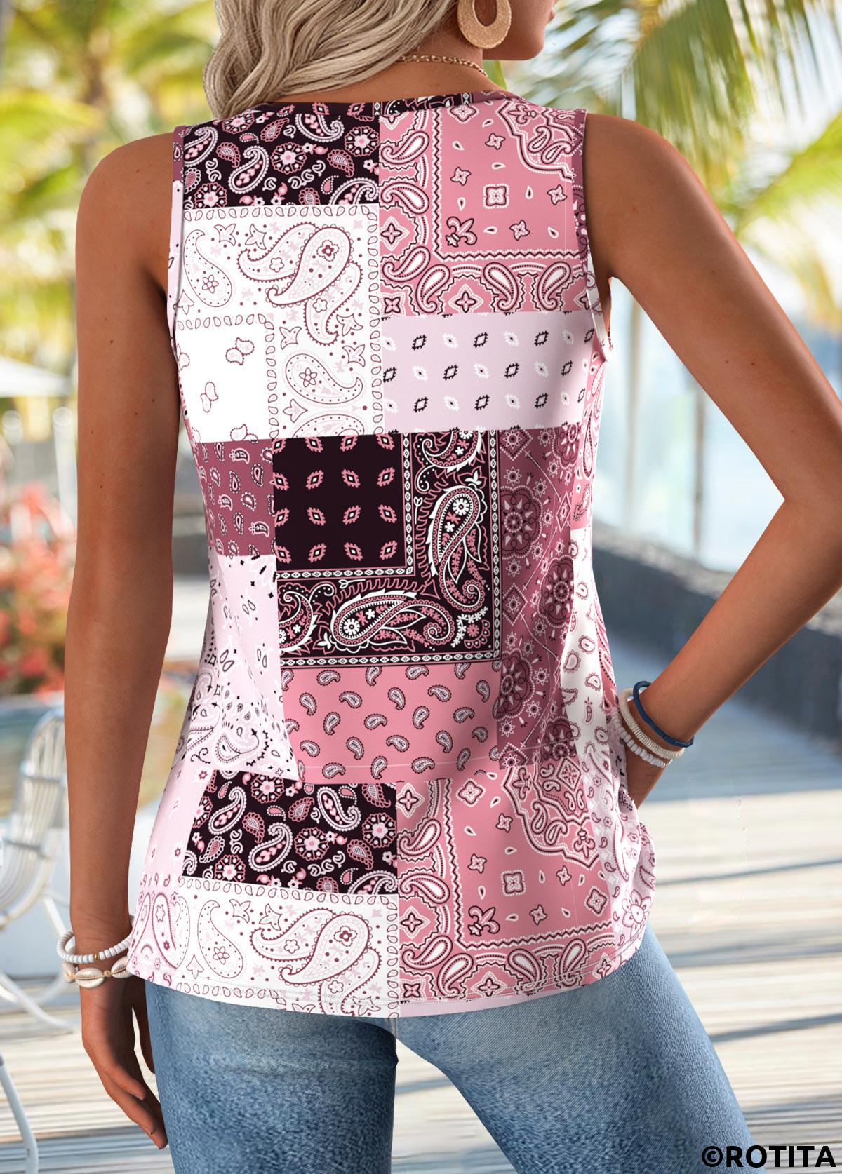 Pink tops,Tribal tops,ROTITA Tummy Coverage Tribal Print Pink V Neck Tank Top