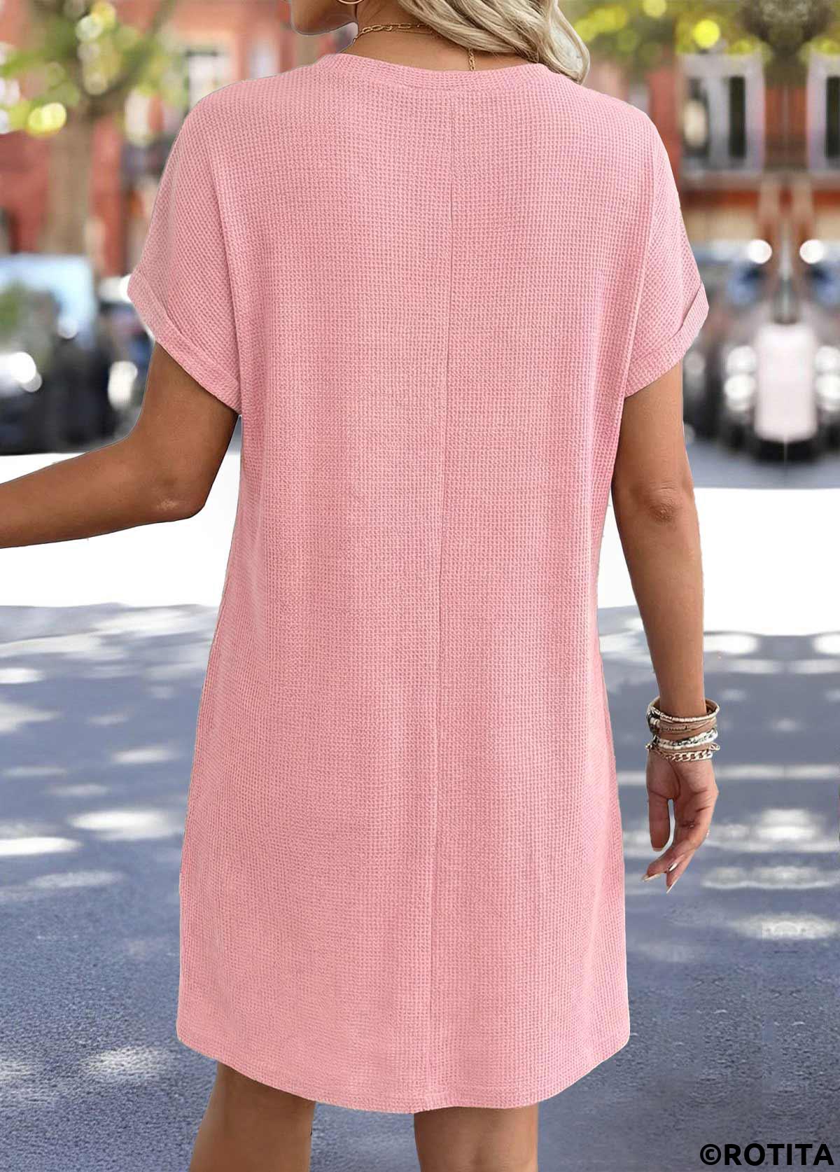 Pink dresses,Plain Color dresses,Vacation dresses,ROTITA Pink Tummy Coverage A Line Round Neck Dress