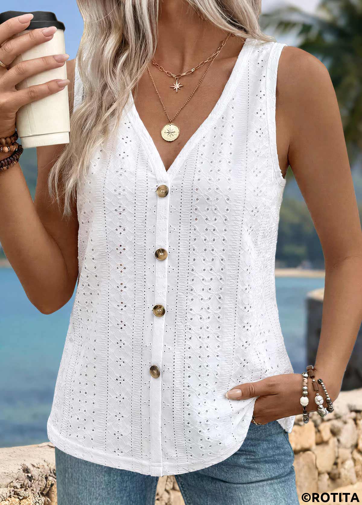 White tops,Plain Color tops,ROTITA Button White V Neck Sleeveless Tank Top