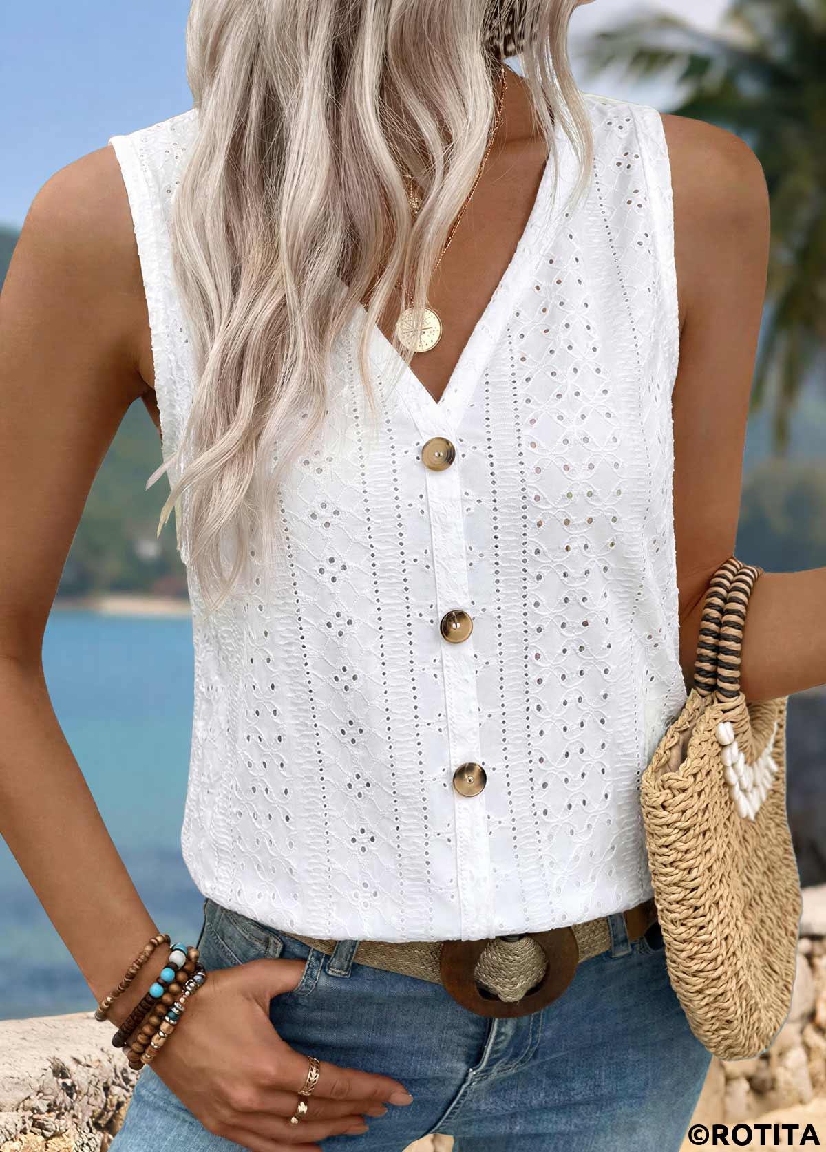 White tops,Plain Color tops,ROTITA Button White V Neck Sleeveless Tank Top