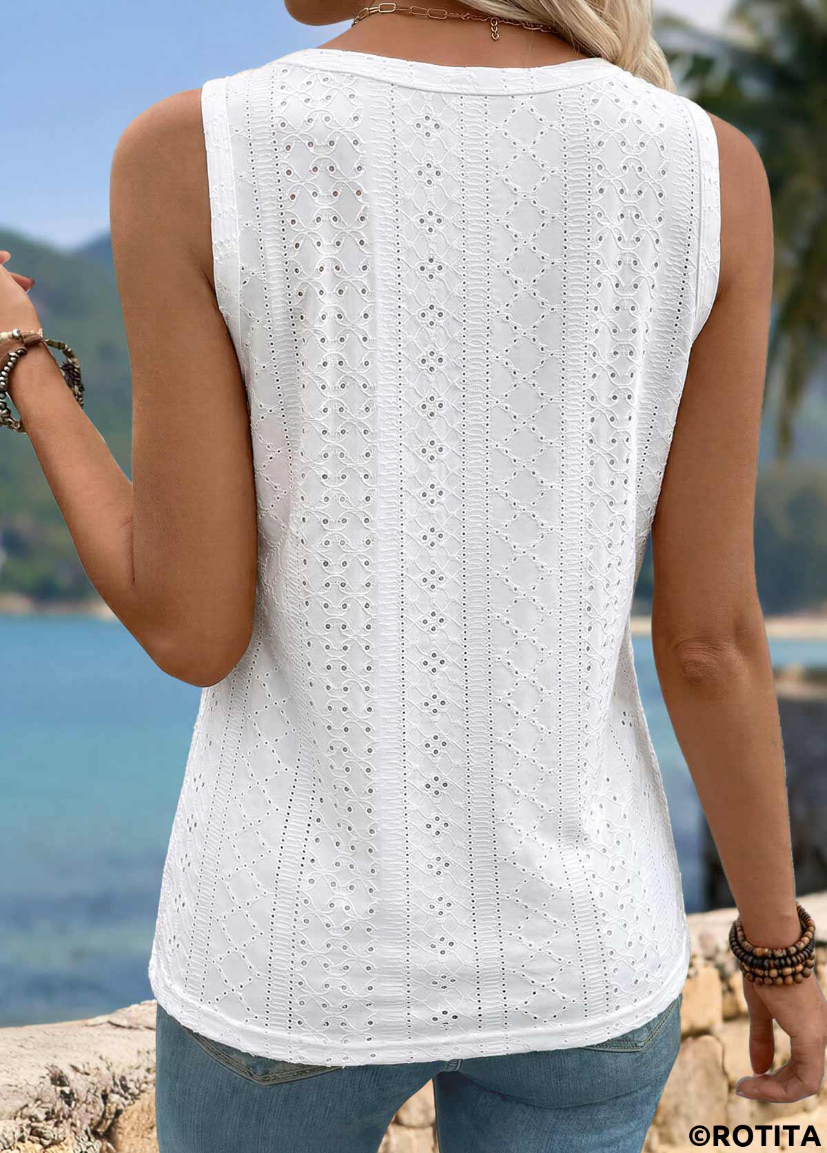 White tops,Plain Color tops,ROTITA Button White V Neck Sleeveless Tank Top