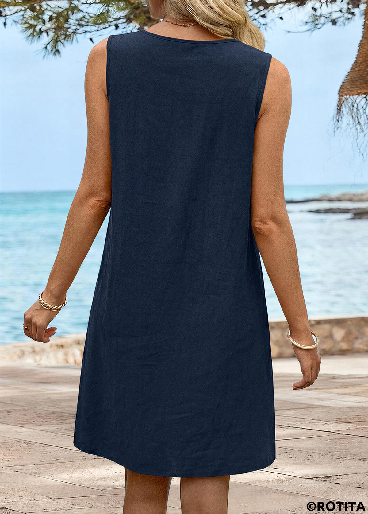 Navy dresses,Plain Color dresses,Everyday dresses,Casual dresses,ROTITA Navy Tummy Coverage Short Round Neck Sleeveless Dress