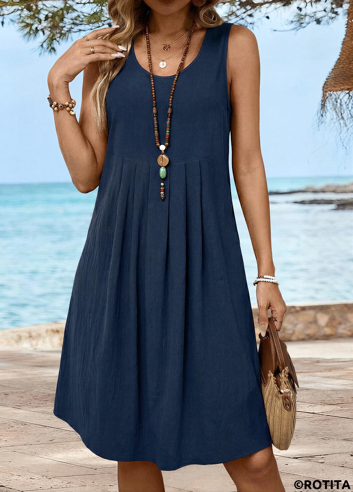 Navy dresses,Plain Color dresses,Everyday dresses,Casual dresses,ROTITA Navy Tummy Coverage Short Round Neck Sleeveless Dress