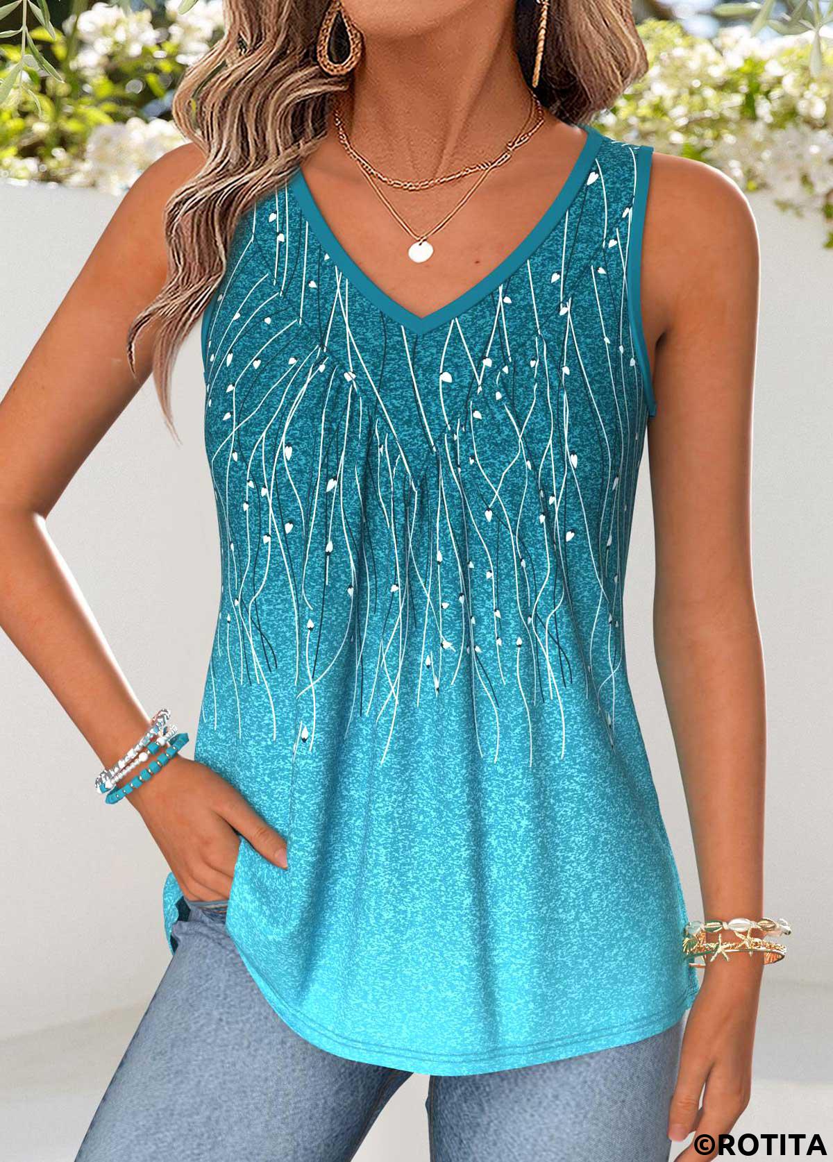 Turquoise tops,Ombre tops,ROTITA Patchwork Ombre Turquoise V Neck Sleeveless Tank Top