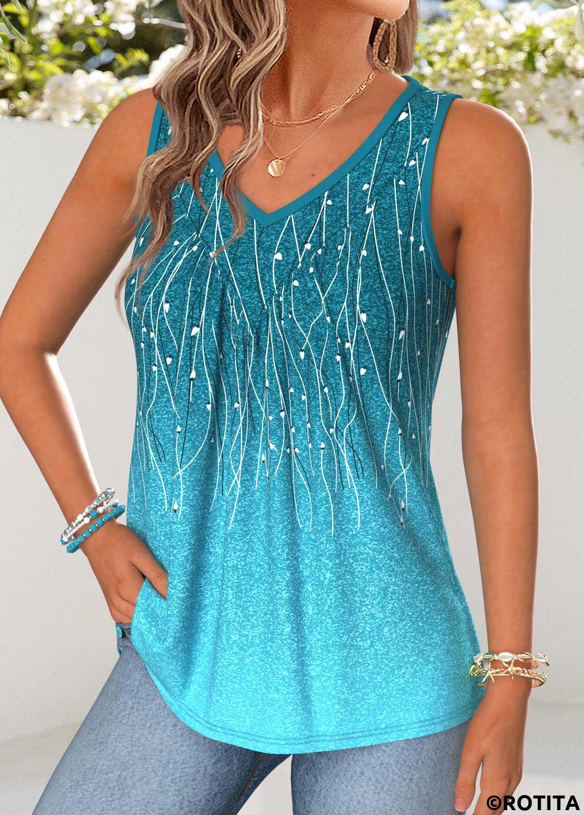 Turquoise tops,Ombre tops,ROTITA Patchwork Ombre Turquoise V Neck Sleeveless Tank Top